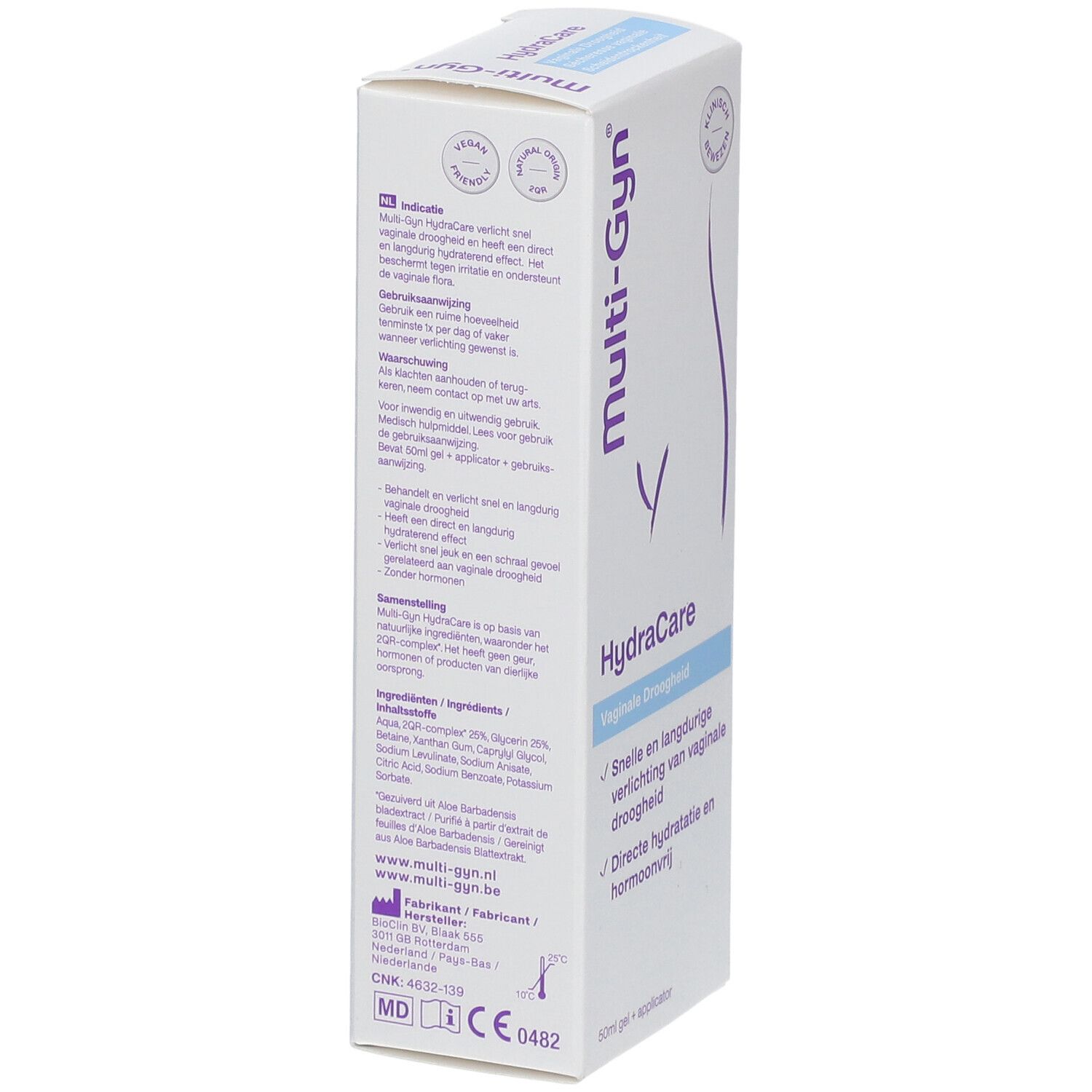 Multi-Gyn HydraCare verpakking, zijaanzicht. Tekst en logo's op witte doos. Klinisch bewezen.