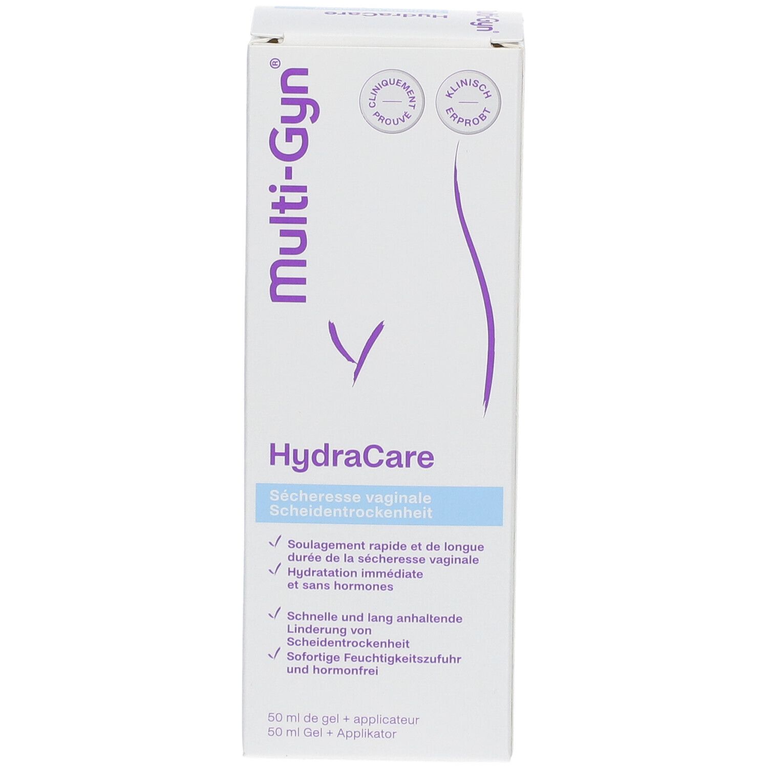Multi-Gyn HydraCare verpakking. Witte doos met productnaam en info. Klinisch bewezen.