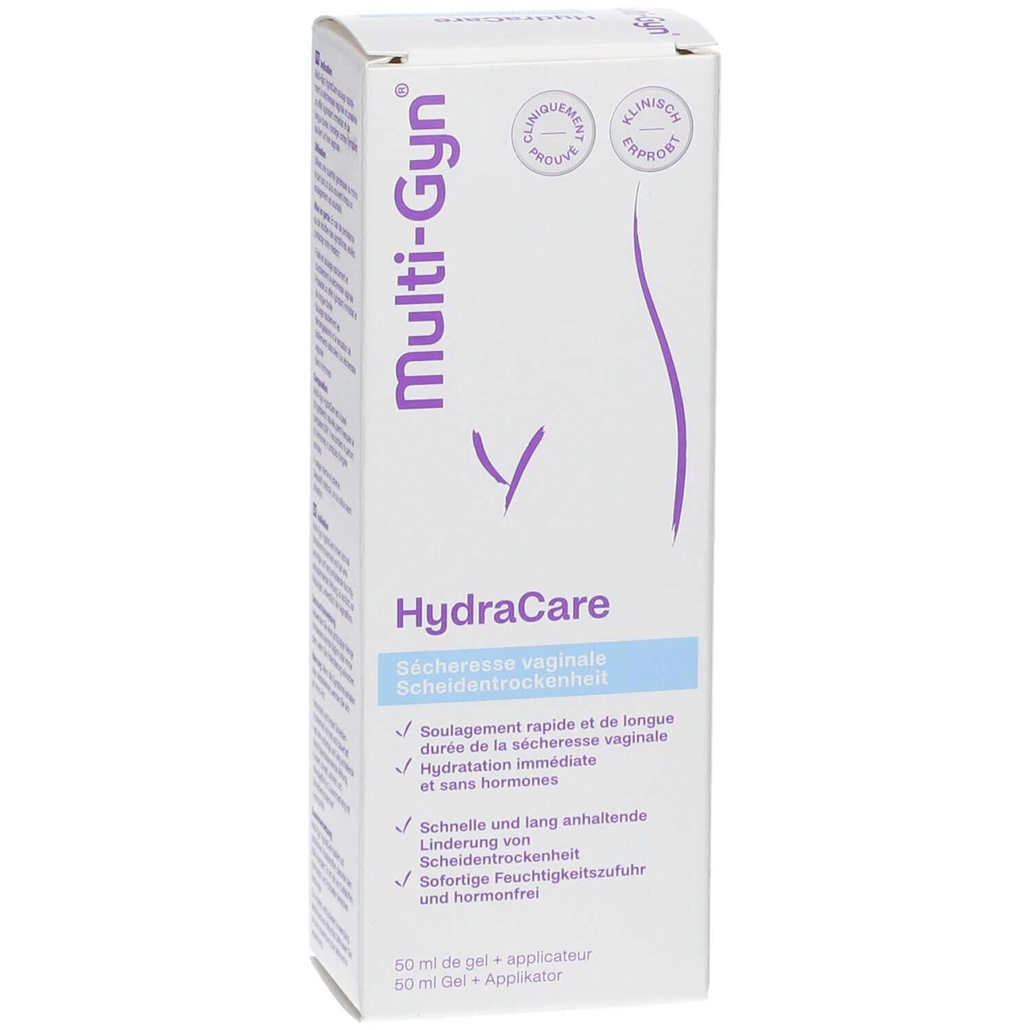 Multi-Gyn HydraCare verpakking. Witte doos met productnaam en info. Klinisch bewezen.