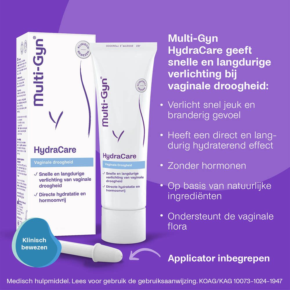 Multi-Gyn HydraCare verpakking, tube en applicator. Productinfo. Klinisch bewezen.