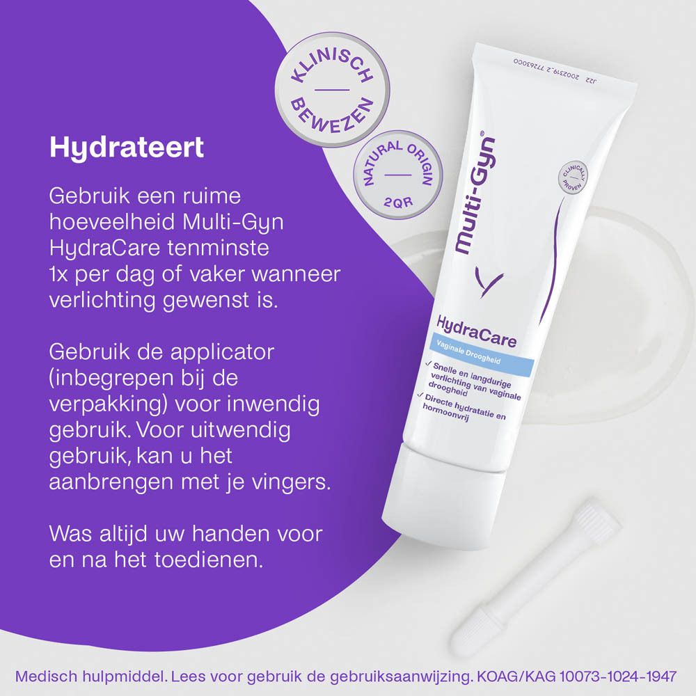 Multi-Gyn HydraCare tube en applicator. Productinfo. Klinisch bewezen. Achtergrond: badkamer.