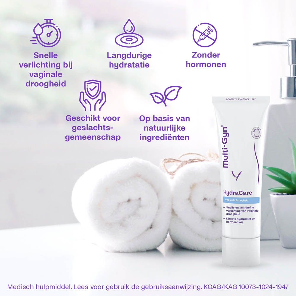 Multi-Gyn HydraCare tube en applicator. Productinfo. Klinisch bewezen. Achtergrond: badkamer.