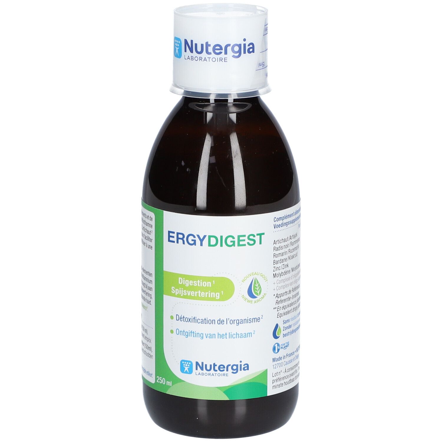 Flacon brun avec bouchon blanc. Inscription: ERGYDIGEST, Nutergia Laboratoires. Étiquettes vertes avec texte.
