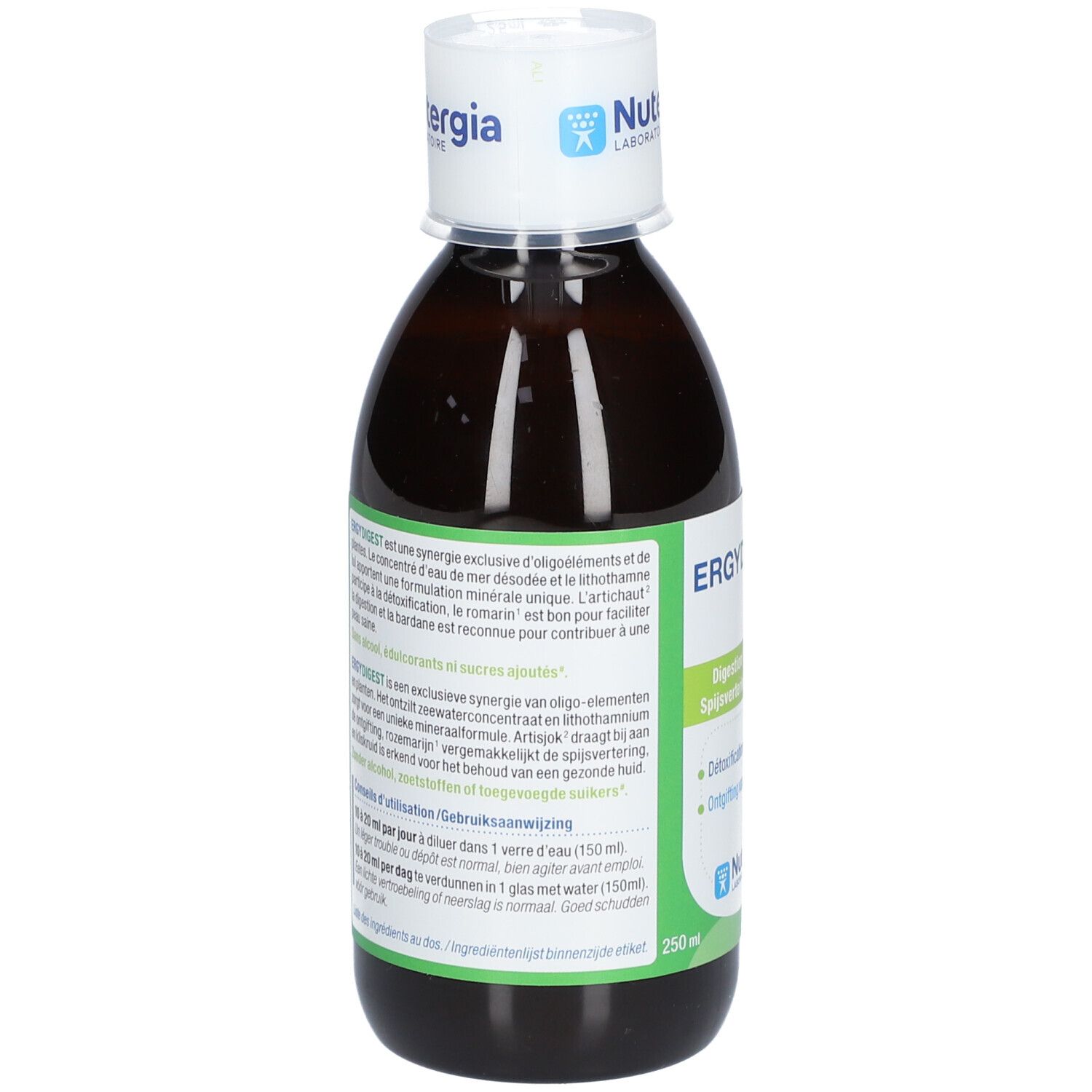 Flacon brun avec bouchon blanc. Texte sur l'étiquette: ERGYDIGEST, ingrédients, mode d'emploi. Marque Nutergia Laboratoires.