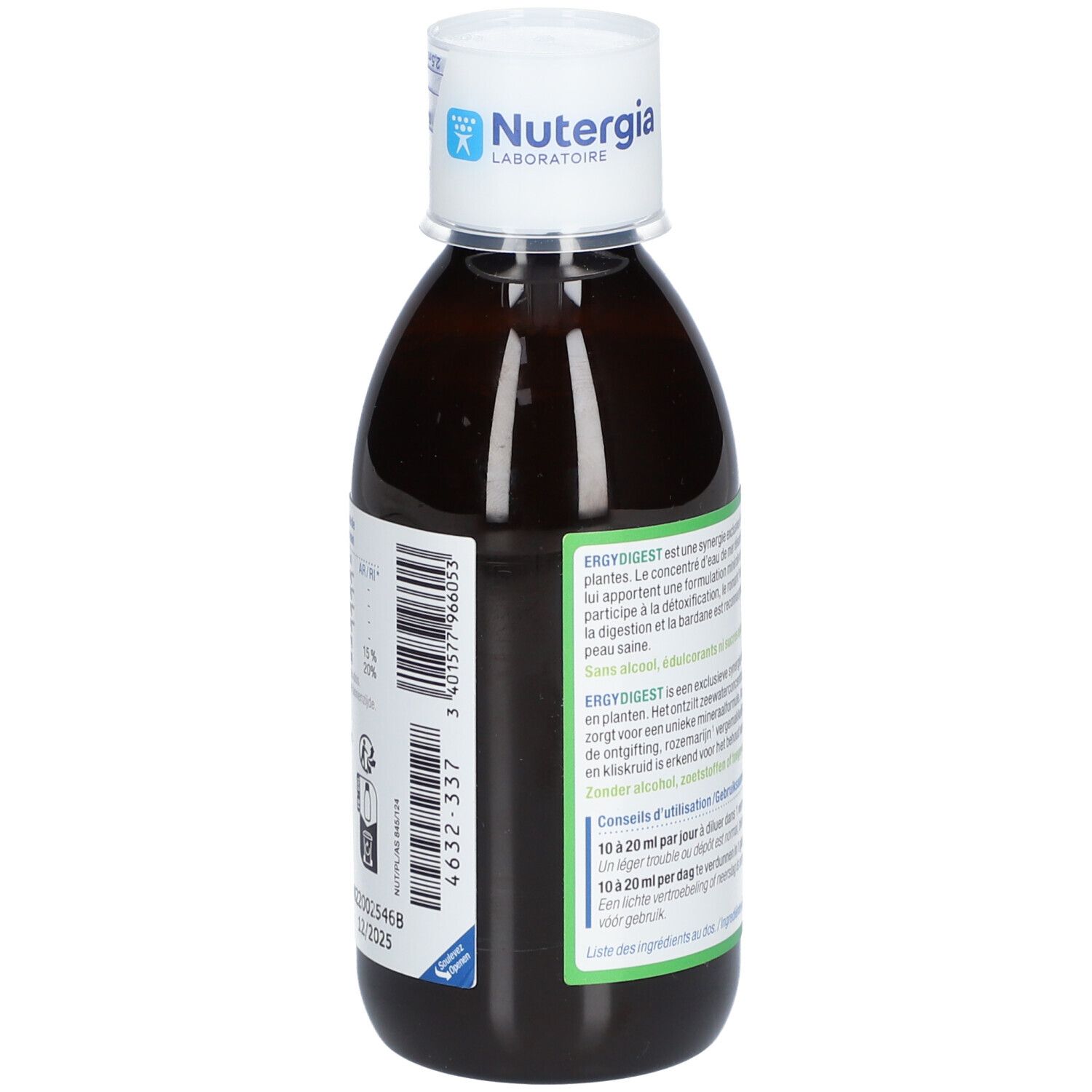 Flacon brun avec bouchon blanc. Étiquette avec texte et code-barres. Marque Nutergia Laboratoires. Fabriqué en France.