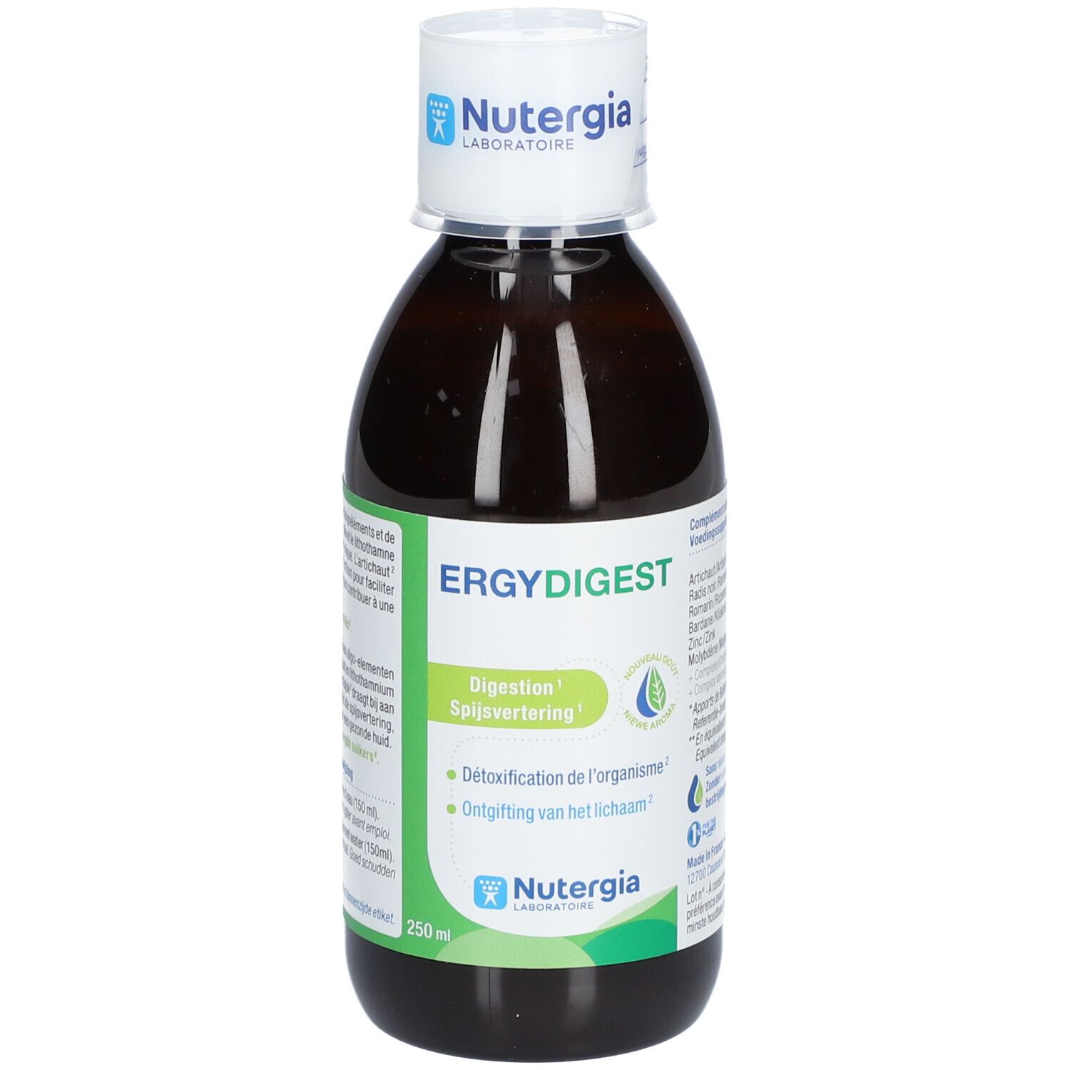 Flacon brun avec bouchon blanc. Inscription: ERGYDIGEST, Nutergia Laboratoires. Étiquettes vertes avec texte.