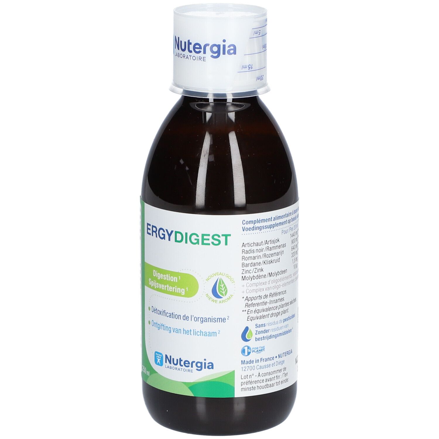 Flacon brun avec bouchon blanc. Inscription: ERGYDIGEST, Nutergia Laboratoires. Étiquettes vertes avec texte.