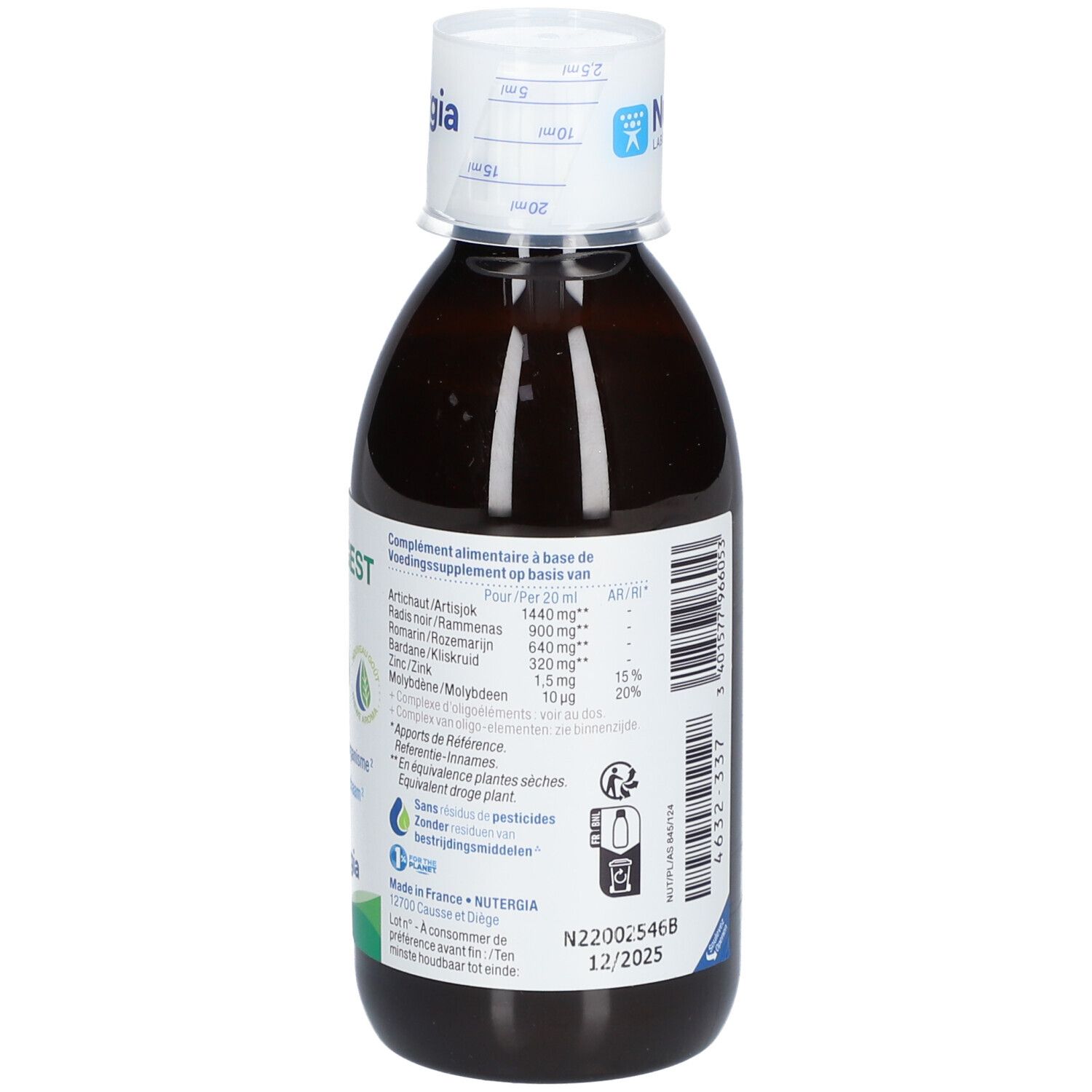 Flacon brun avec bouchon blanc. Étiquette avec ingrédients et informations nutritionnelles. Marque Nutergia Laboratoires.