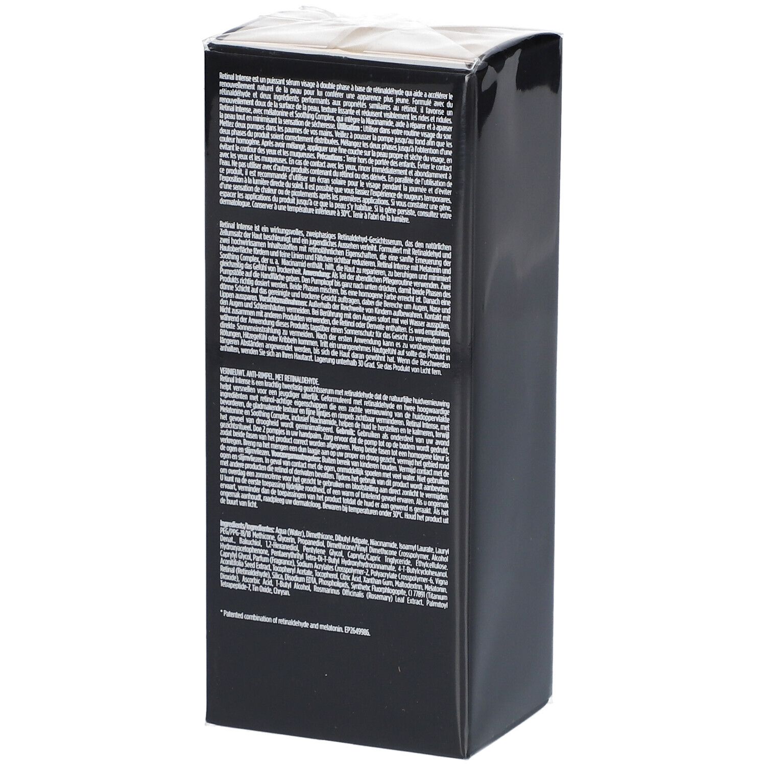 Dos de la boîte noire. Texte multilingue. Emballage sous film plastique.