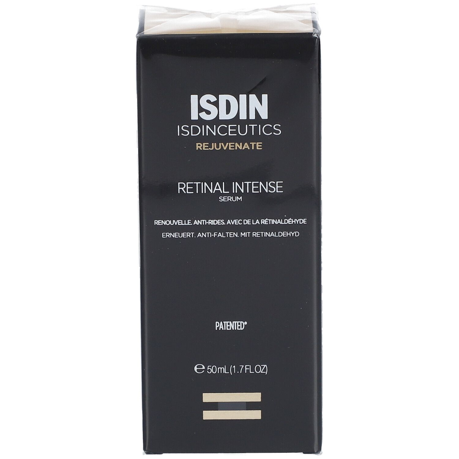 Boîte noire avec nom de produit et marque. Volume : 50 ml. Emballage sous film plastique.