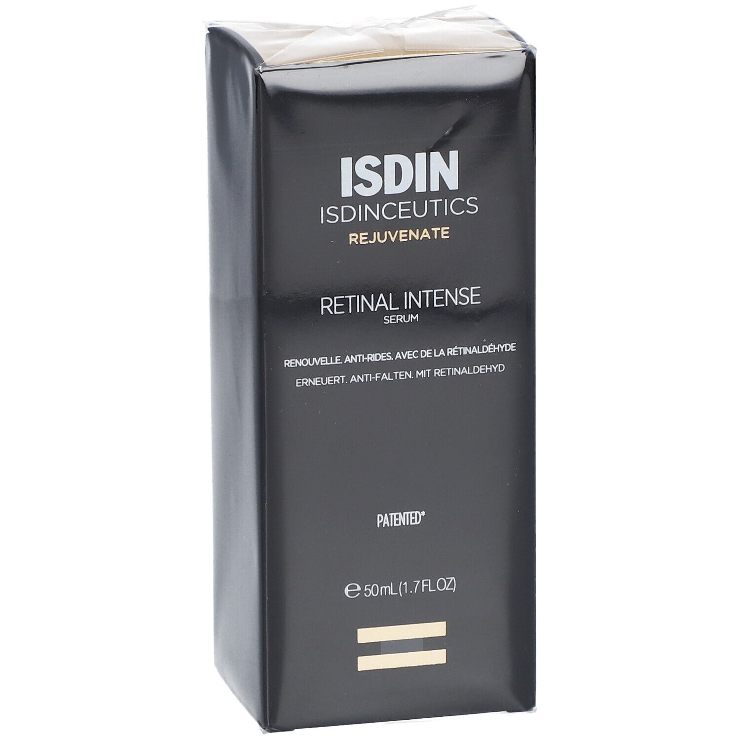 Boîte noire avec nom de produit et marque. Volume : 50 ml. Emballage sous film plastique.