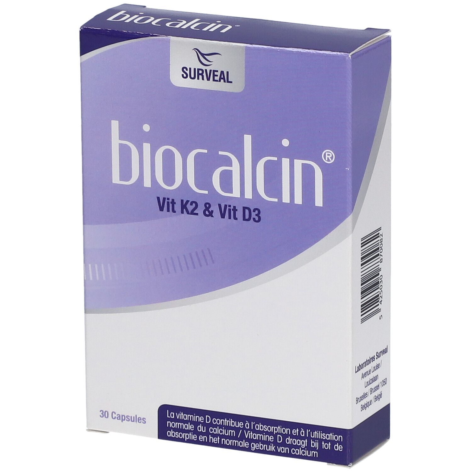 Boîte de biocalcin® avec 30 gélules. Inscription : Vit K2 & Vit D3. Marque : Surveal.