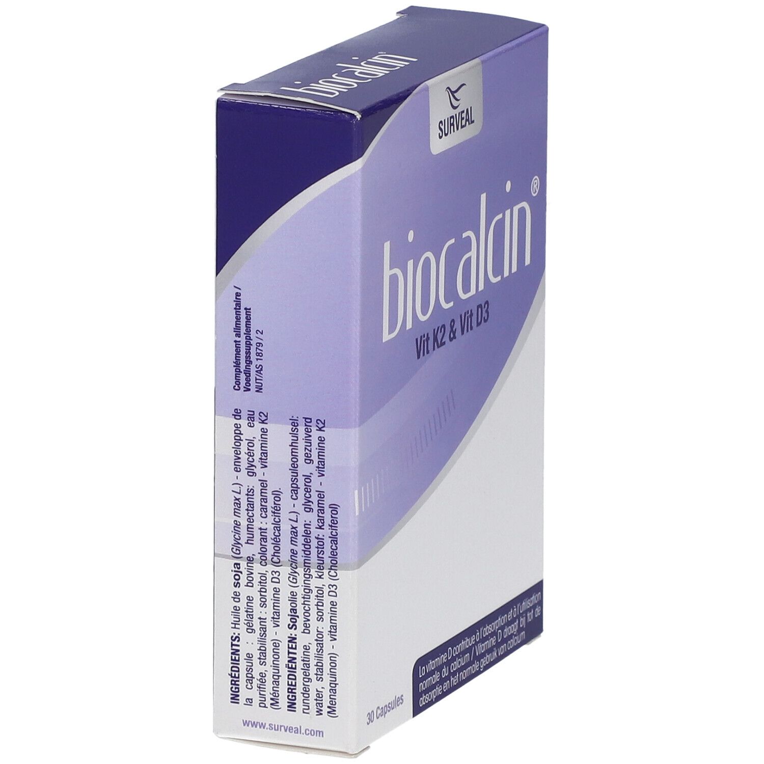 Vue latérale de la boîte biocalcin®. Contient 30 gélules. Inscription : Vit K2 & Vit D3. Marque : Surveal.