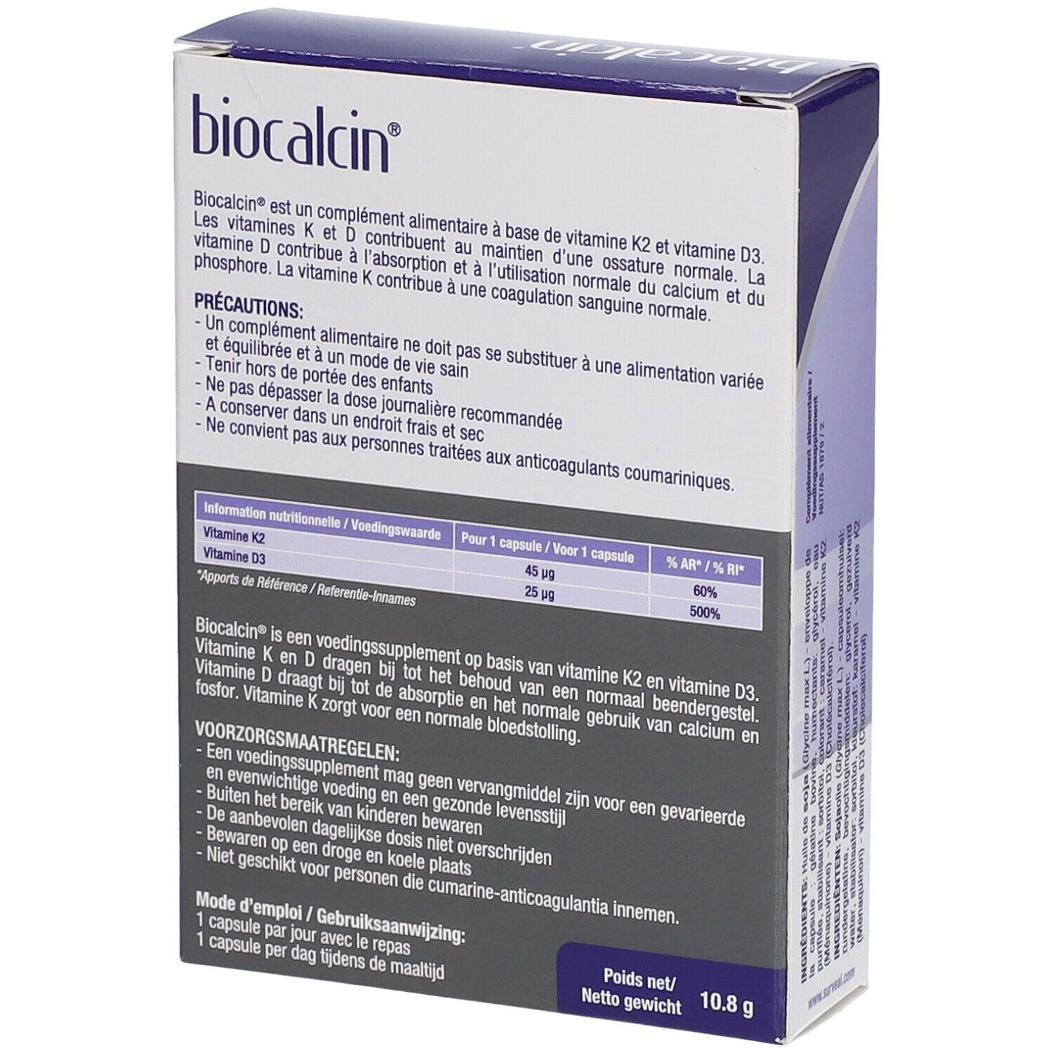 Dos de la boîte biocalcin®. Contient des informations. Marque : Surveal. Poids net : 10,8 g.