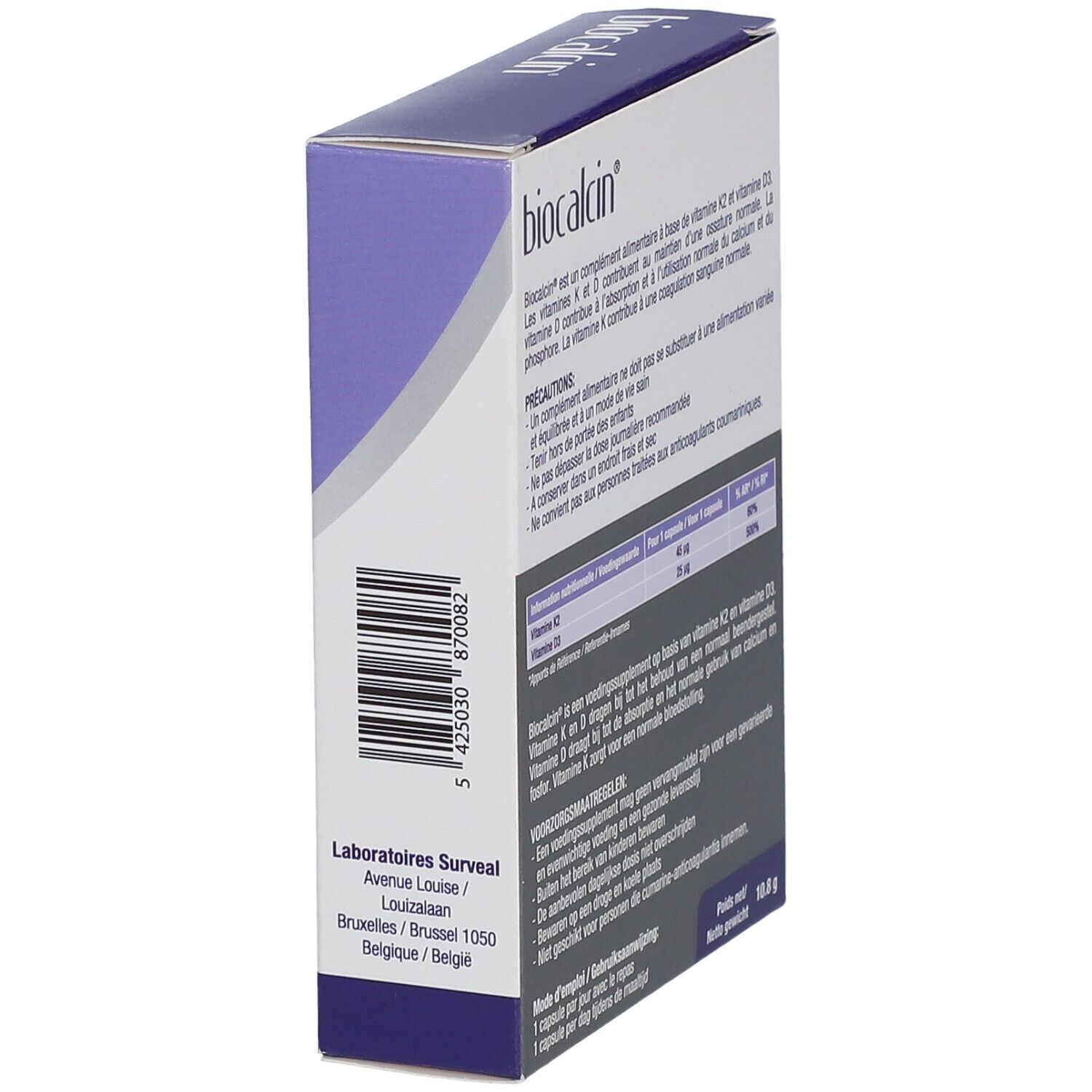 Vue latérale de la boîte biocalcin®. Code-barres. Marque : Surveal. Adresse : Avenue Louise.