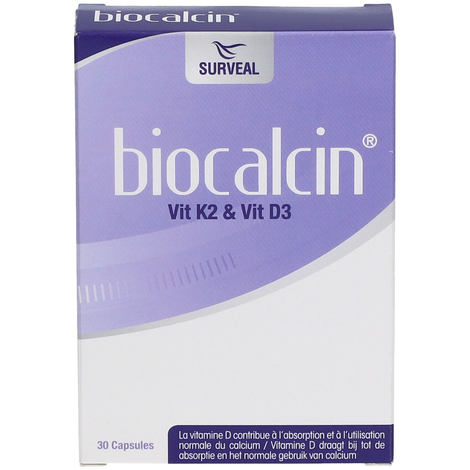 Boîte de biocalcin® avec 30 gélules. Inscription : Vit K2 & Vit D3. Marque : Surveal.