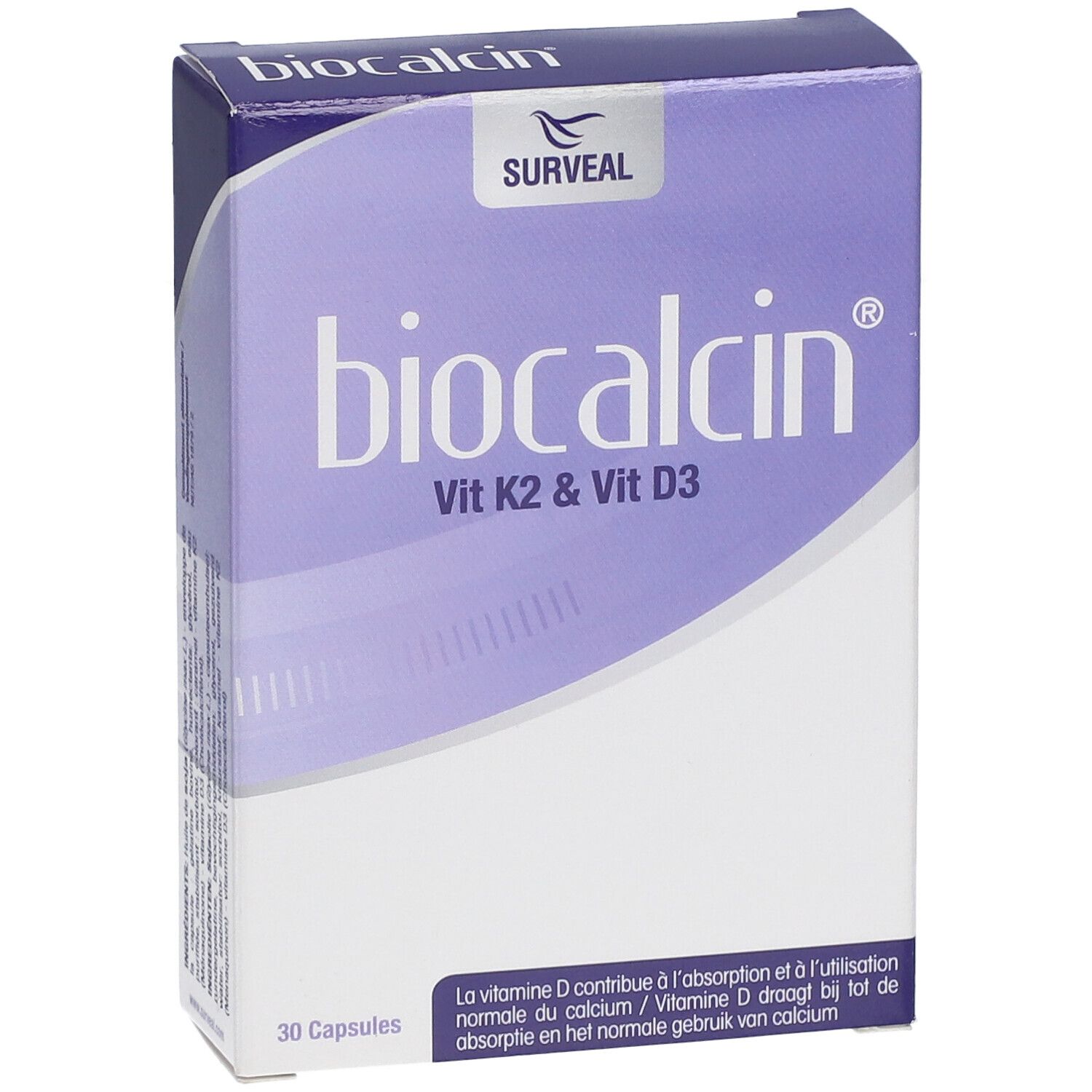 Boîte de biocalcin® avec 30 gélules. Inscription : Vit K2 & Vit D3. Marque : Surveal.