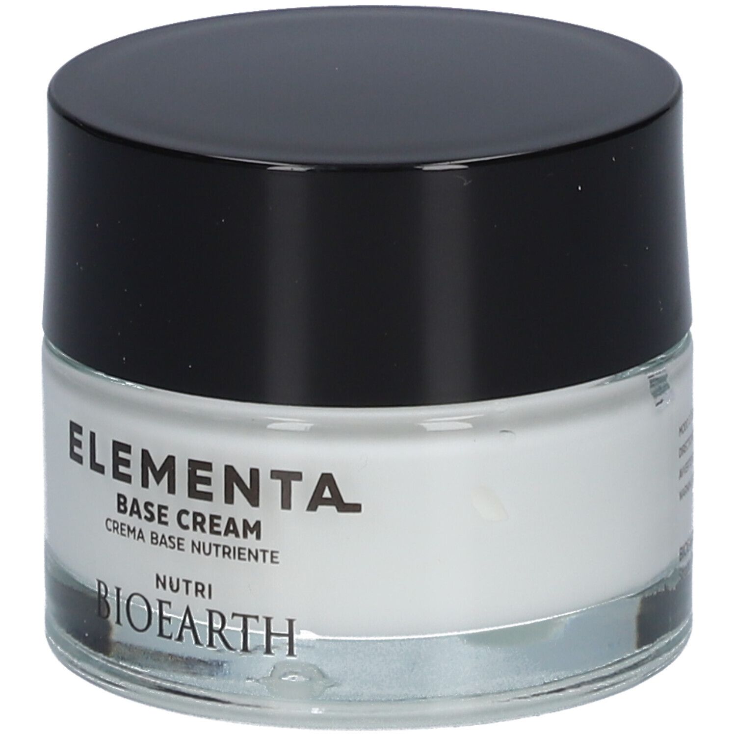 Creme-Tiegel mit schwarzem Deckel. Aufschrift: ELEMENTA, BASE CREAM, BIOEARTH.