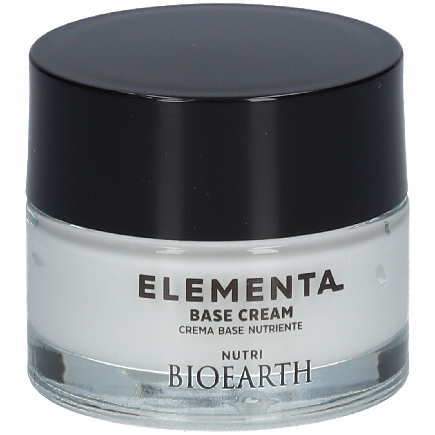 Creme-Tiegel mit schwarzem Deckel. Aufschrift: ELEMENTA, BASE CREAM, BIOEARTH.