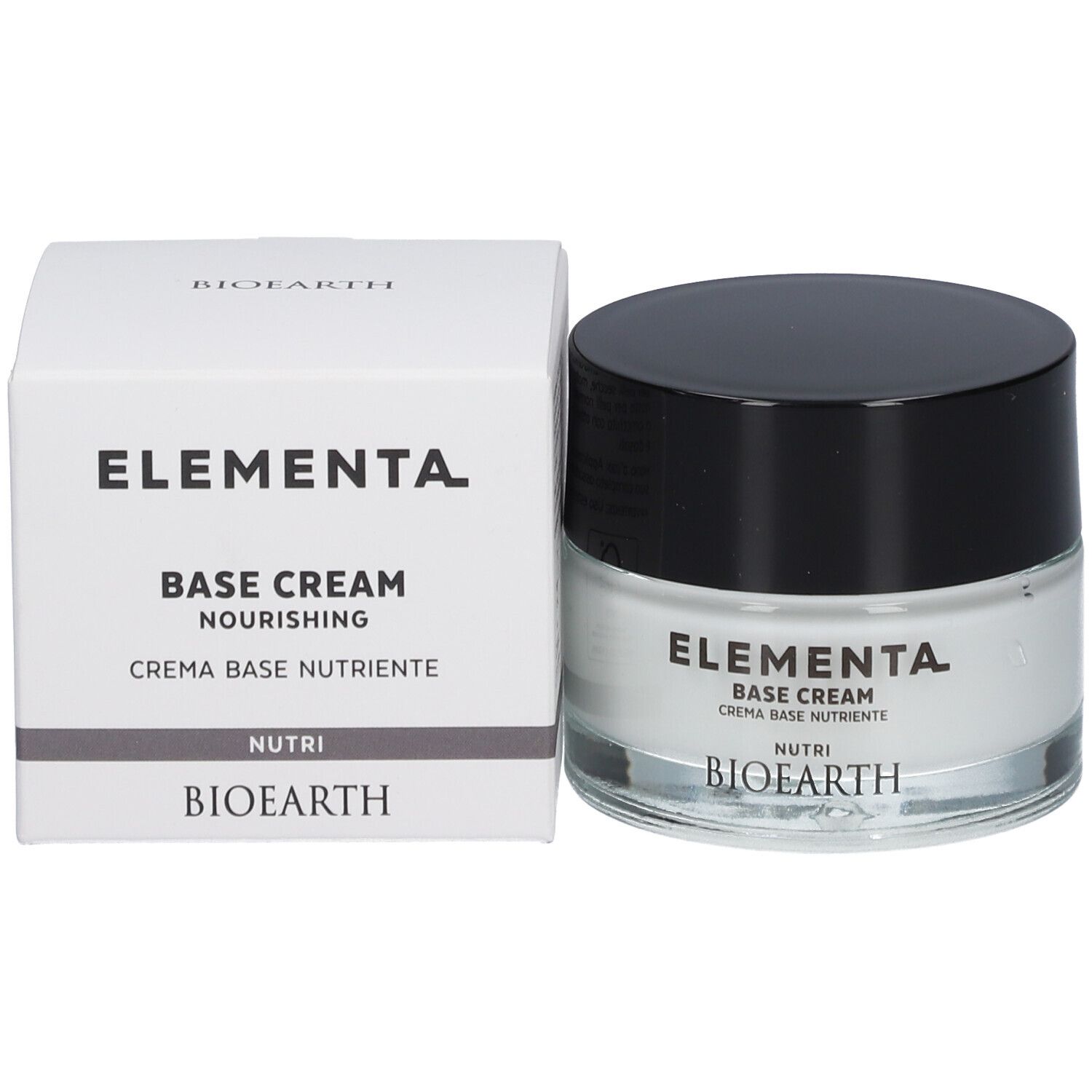 Creme-Tiegel und Schachtel. Aufschrift: ELEMENTA, BASE CREAM, BIOEARTH.