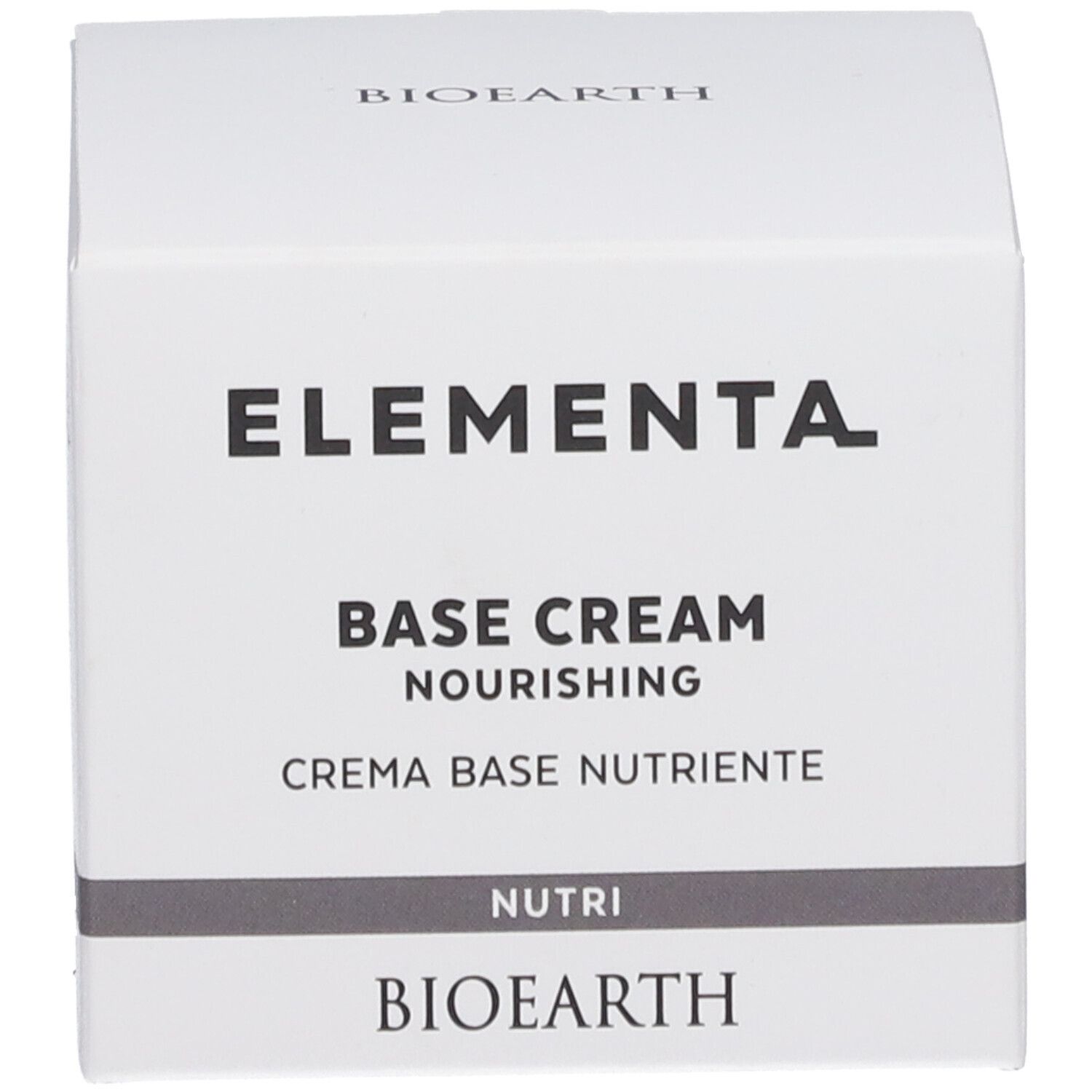 Weiße Schachtel. Aufschrift: ELEMENTA, BASE CREAM, BIOEARTH.