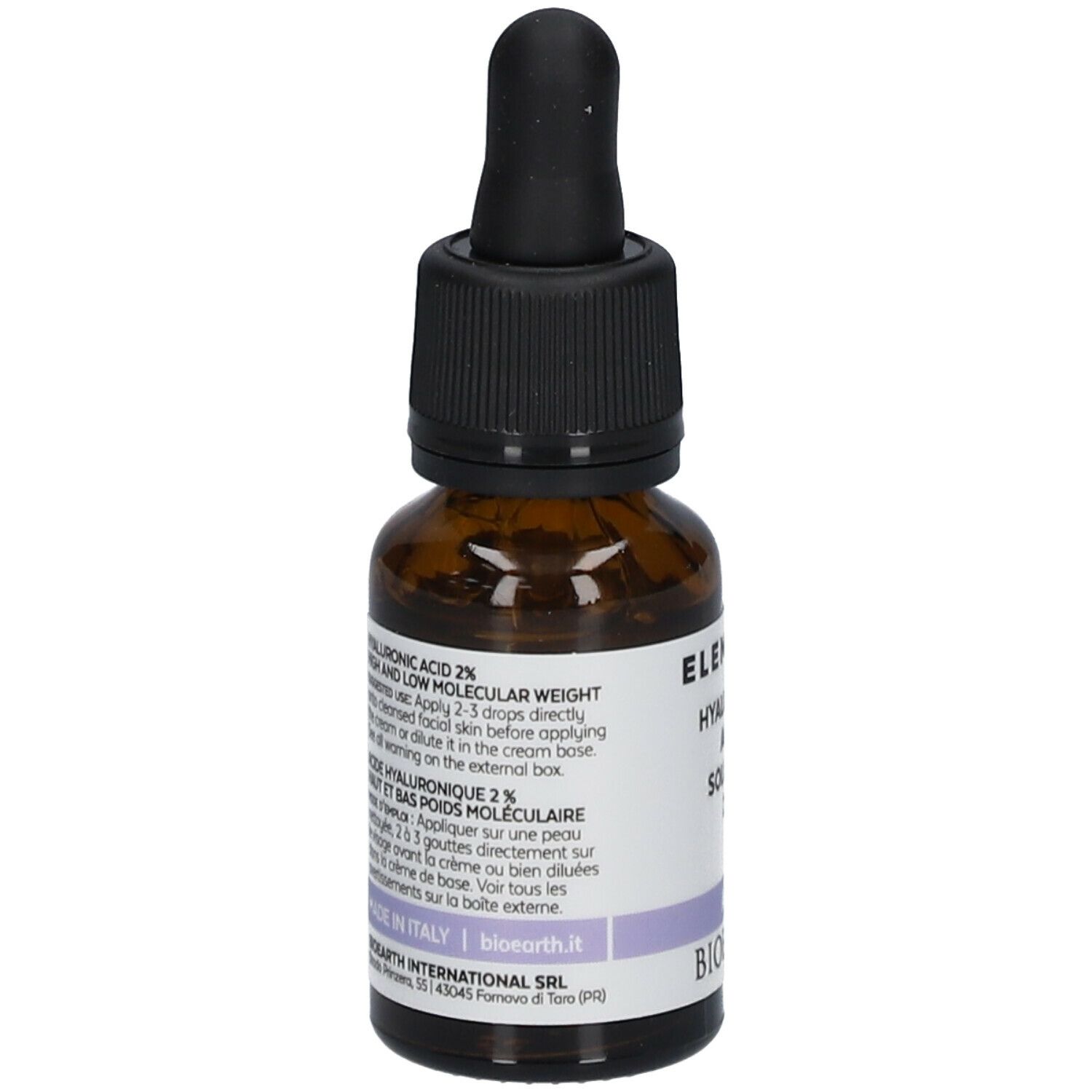 Flacon en verre brun avec bouchon noir et pipette. Étiquette avec informations et marque du produit.