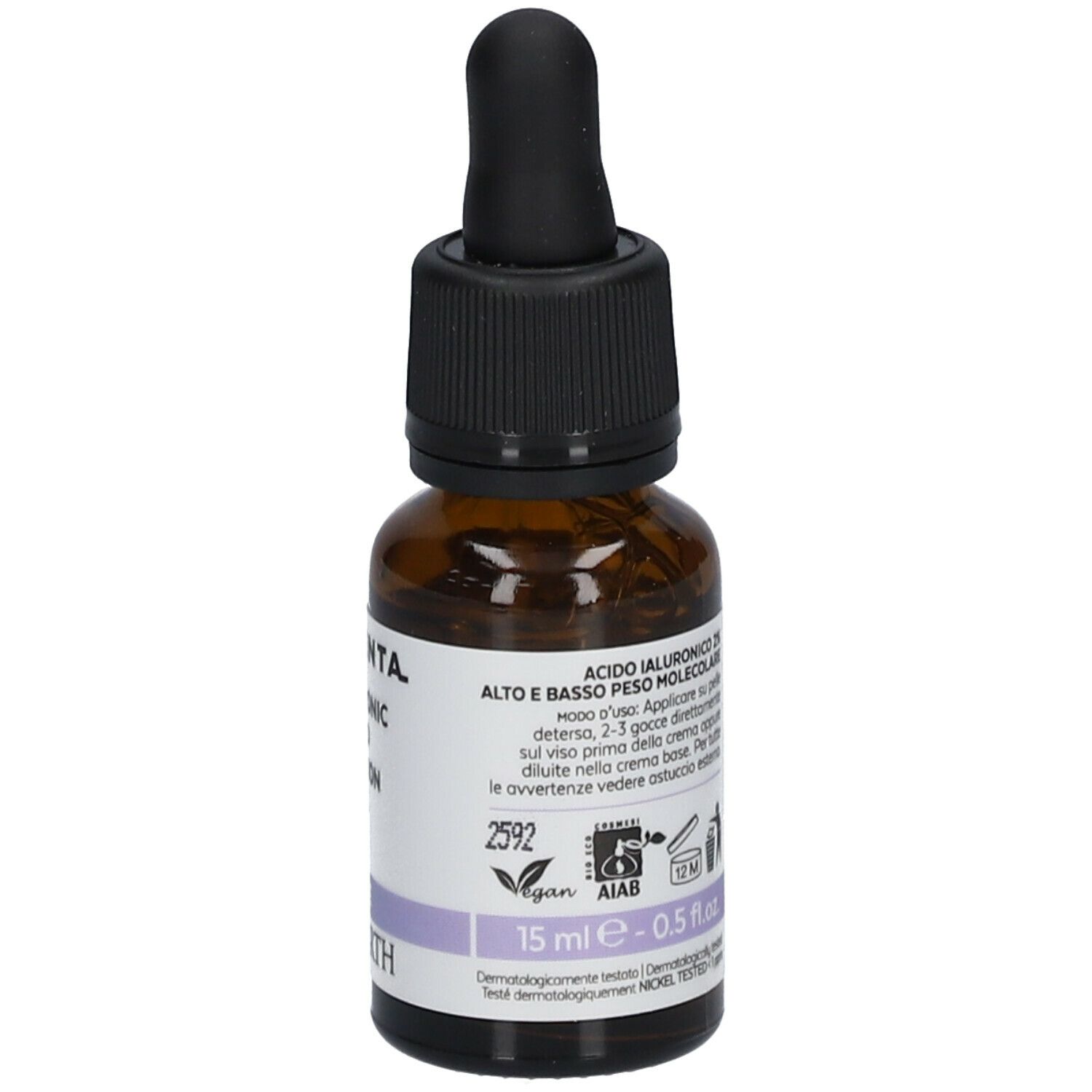 Flacon en verre brun avec bouchon noir et pipette. Étiquette avec informations et marque du produit.
