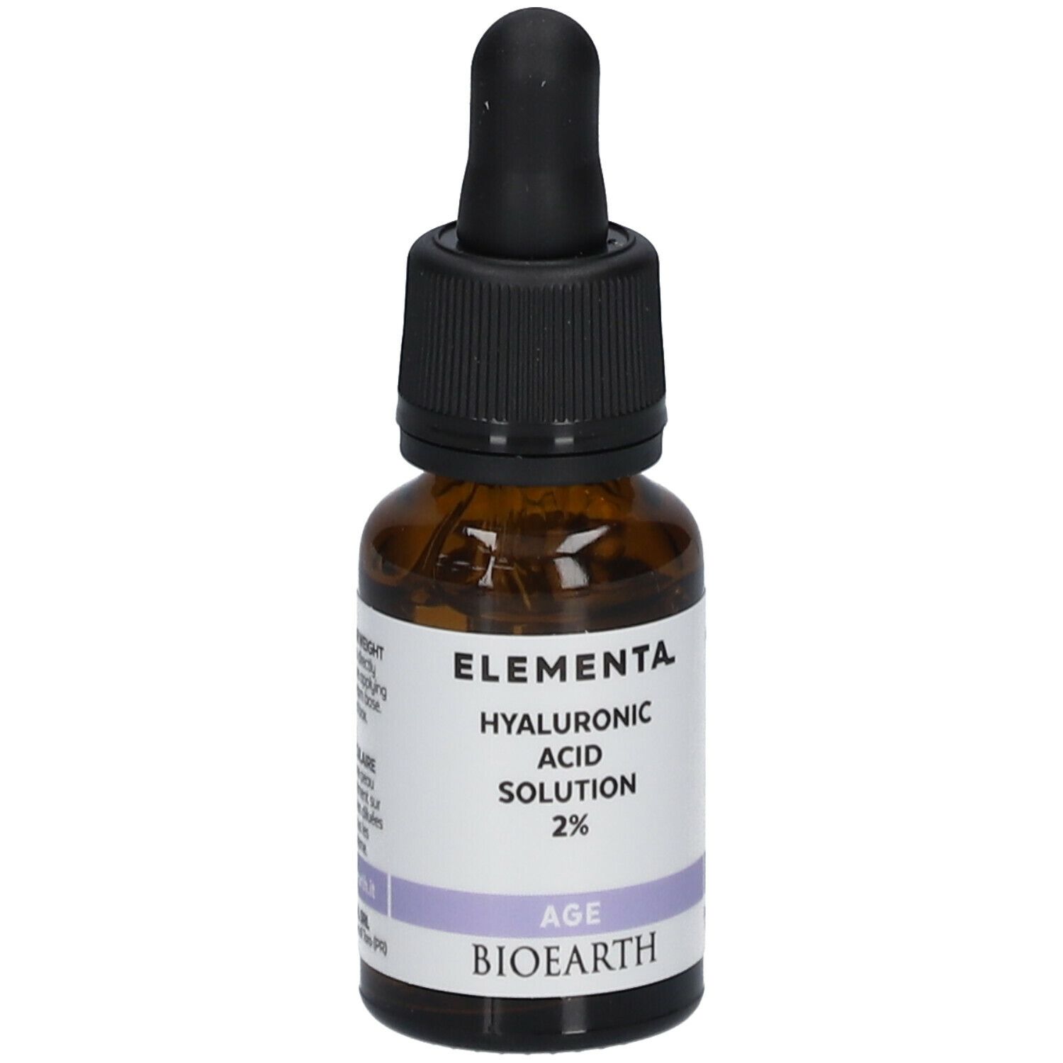 Flacon en verre brun avec bouchon noir et pipette. Étiquette avec informations et marque du produit.