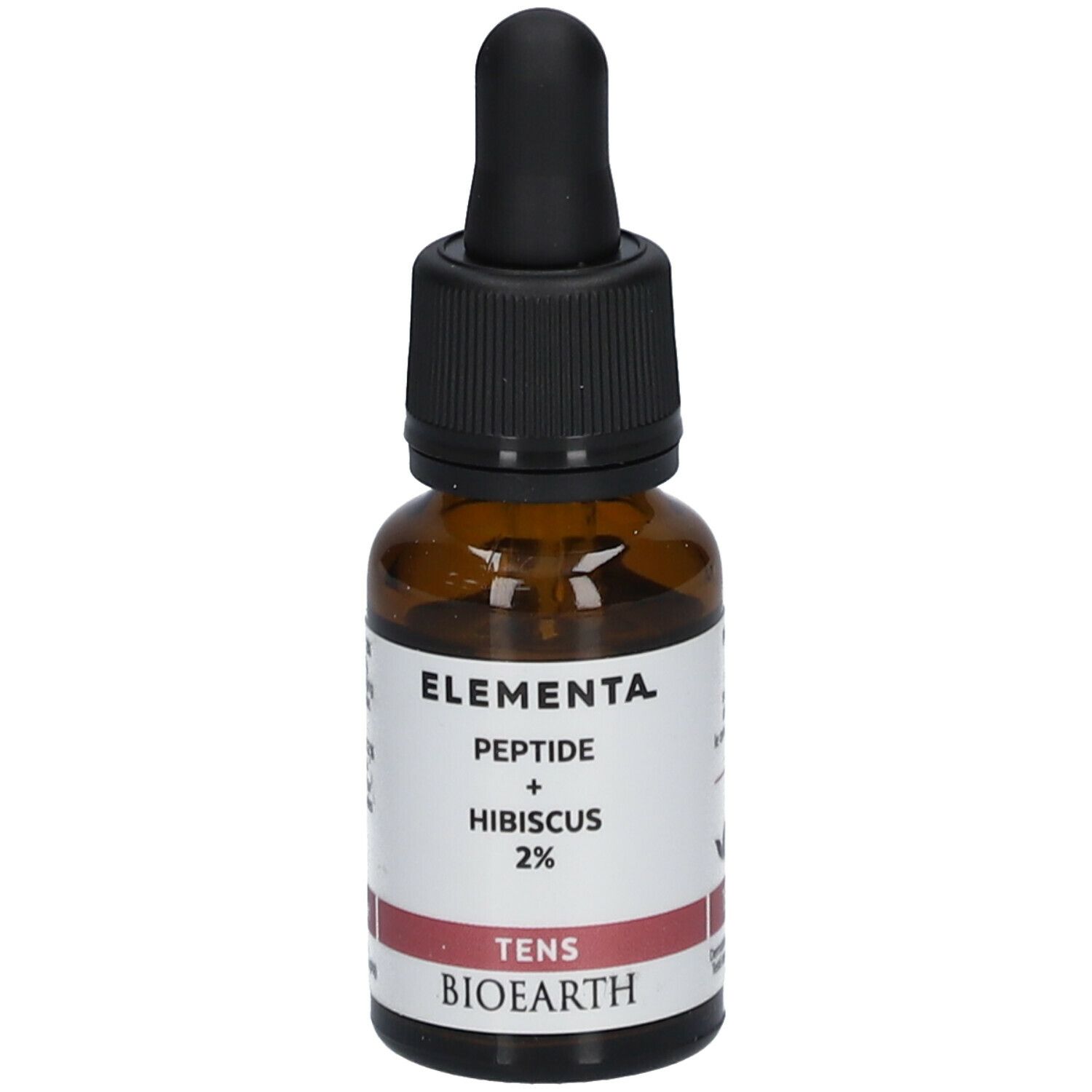 Flacon en verre brun avec bouchon noir et pipette. Étiquette avec nom du produit et ingrédients. Marque : Bioearth.