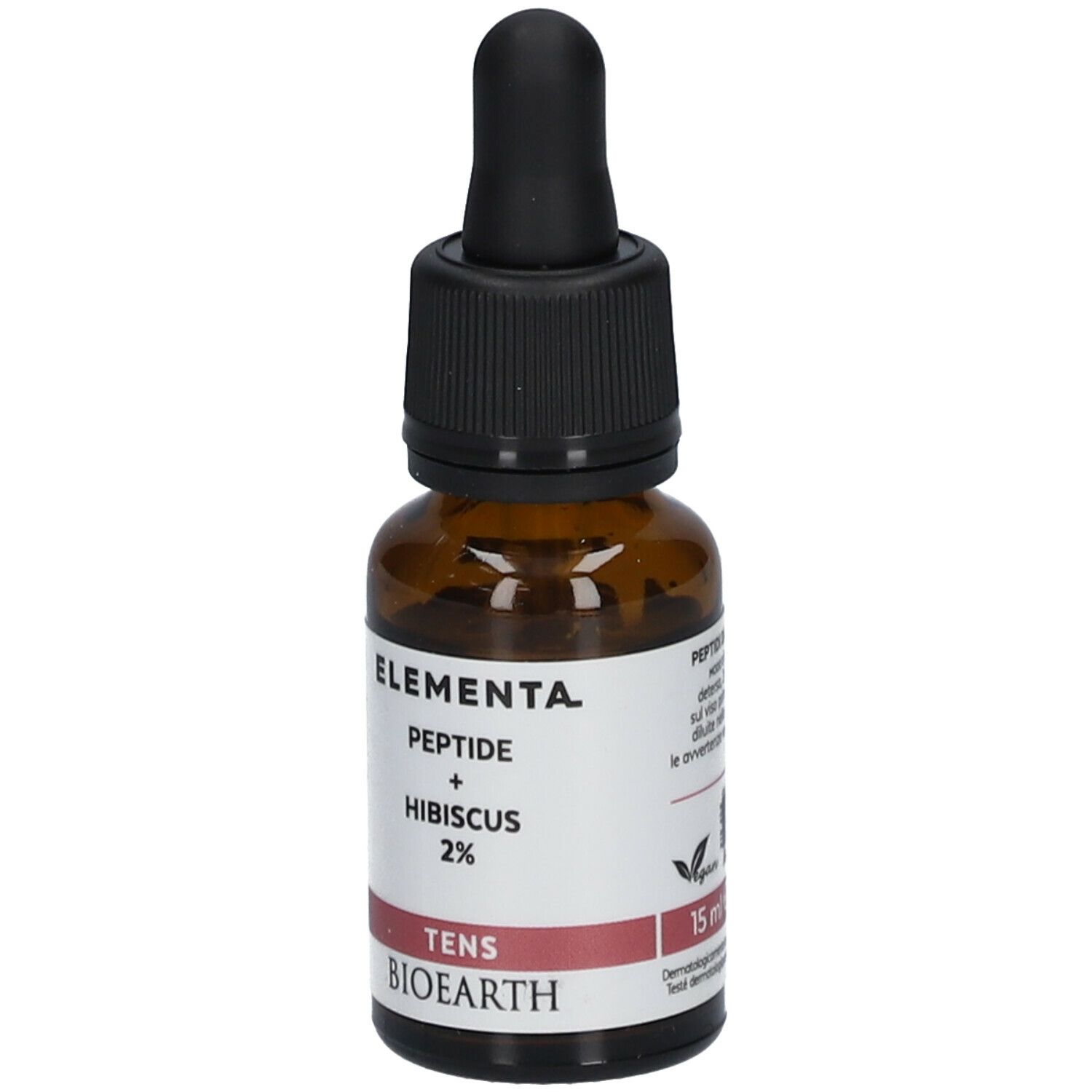 Flacon en verre brun avec bouchon noir et pipette. Étiquette avec nom du produit et ingrédients. 15 ml.