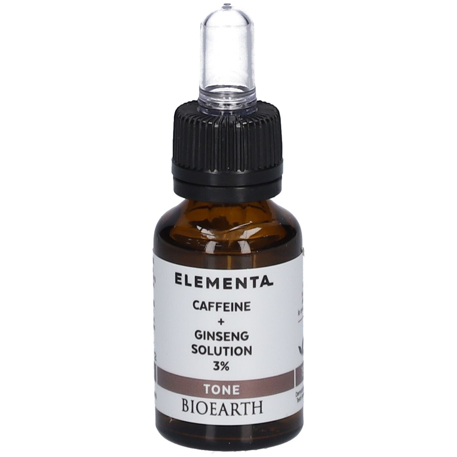 Bruine glazen fles met pipet. Opschrift: Elementa, Caffeine + Ginseng Solution 3%, Tone, Bioearth.