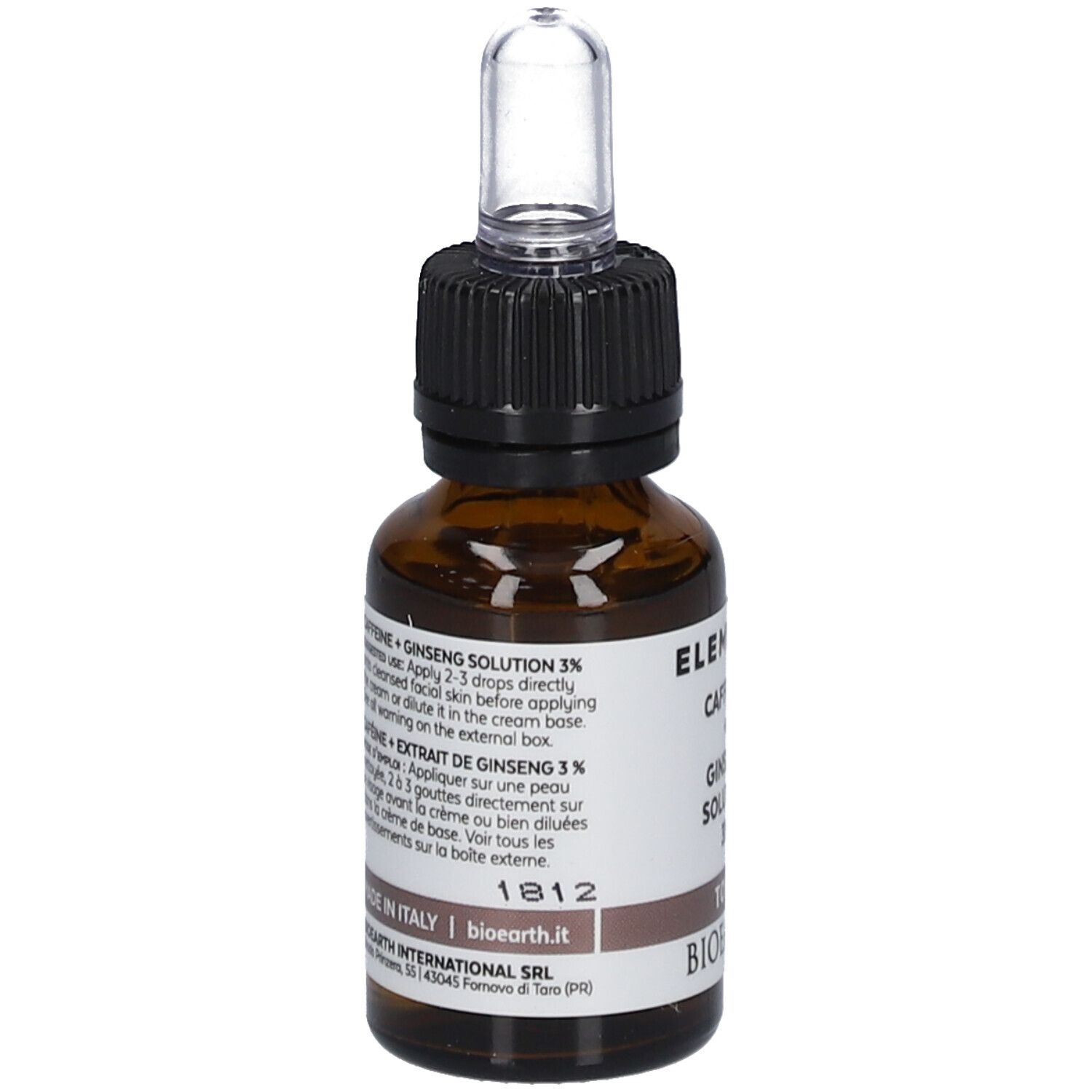 Bruine glazen fles met pipet. Opschrift: Elementa, Caffeine + Ginseng Solution 3%. Italiaanse tekst.