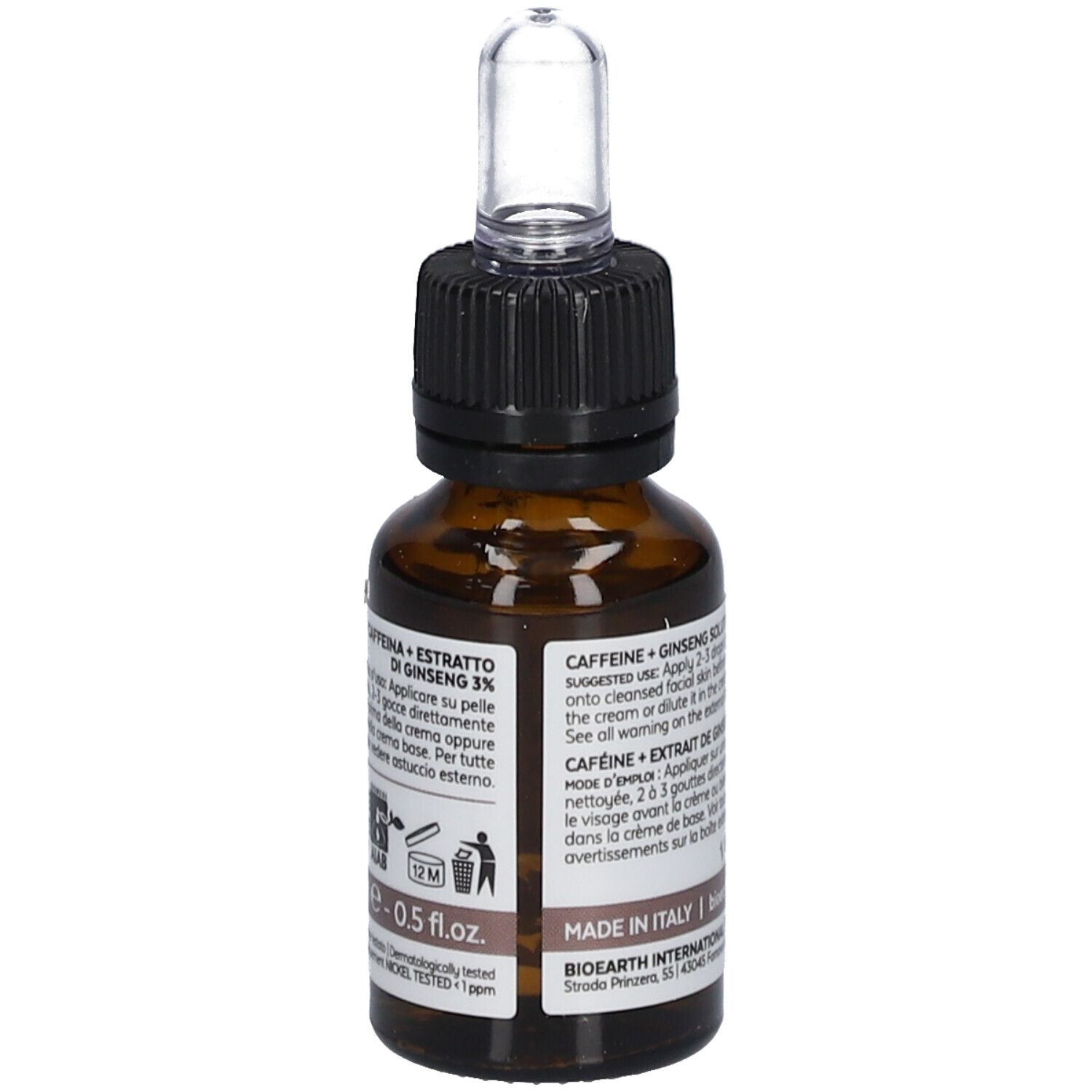 Bruine glazen fles met pipet. Opschrift: Elementa, Caffeine + Ginseng Solution 3%. Italiaanse tekst.