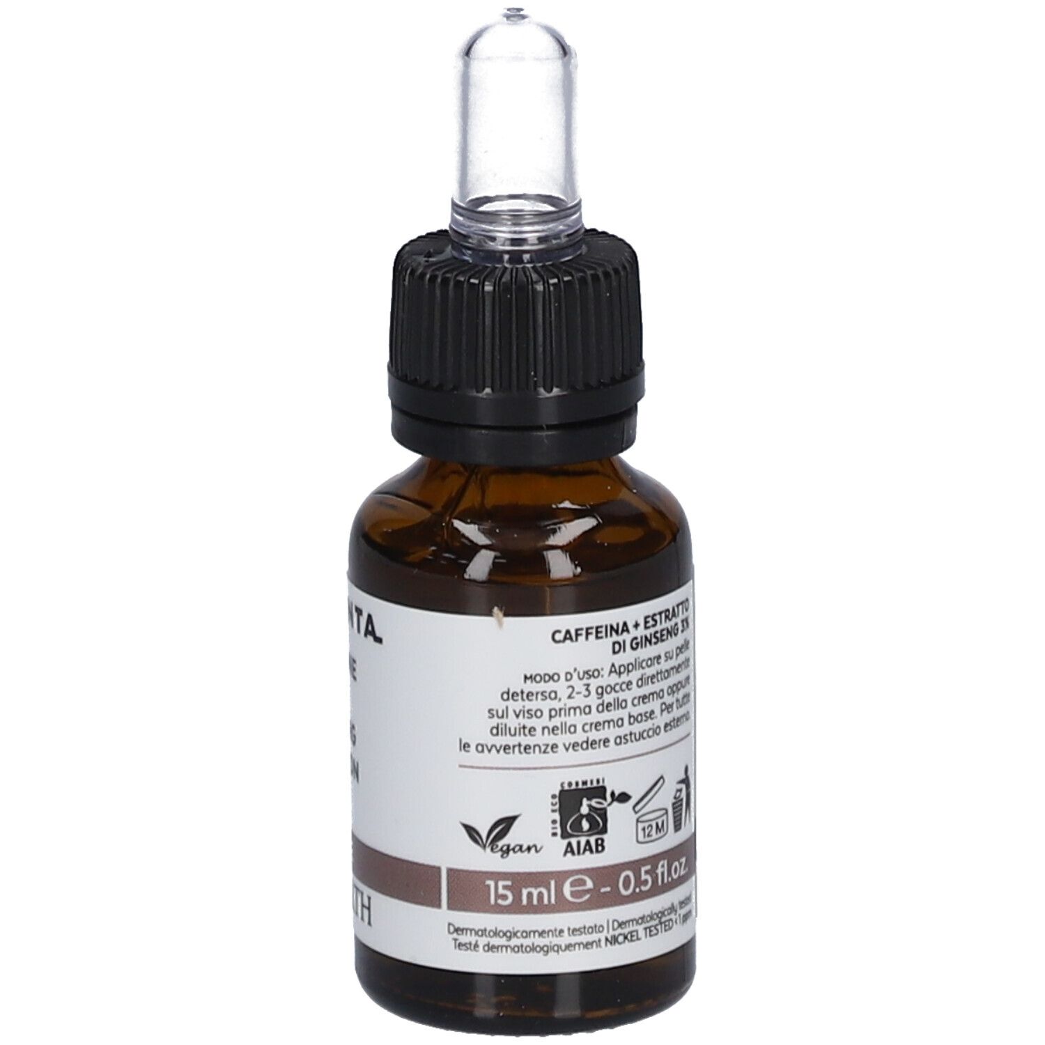 Bruine glazen fles met pipet. Opschrift: Elementa, Caffeine + Ginseng Solution 3%. 15 ml.