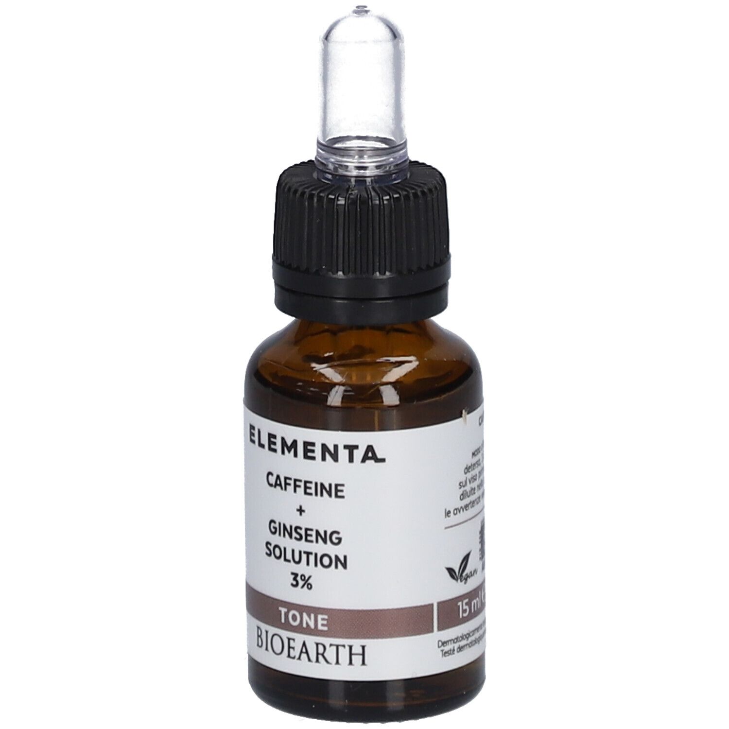 Bruine glazen fles met pipet. Opschrift: Elementa, Caffeine + Ginseng Solution 3%, Tone, Bioearth. 15 ml.