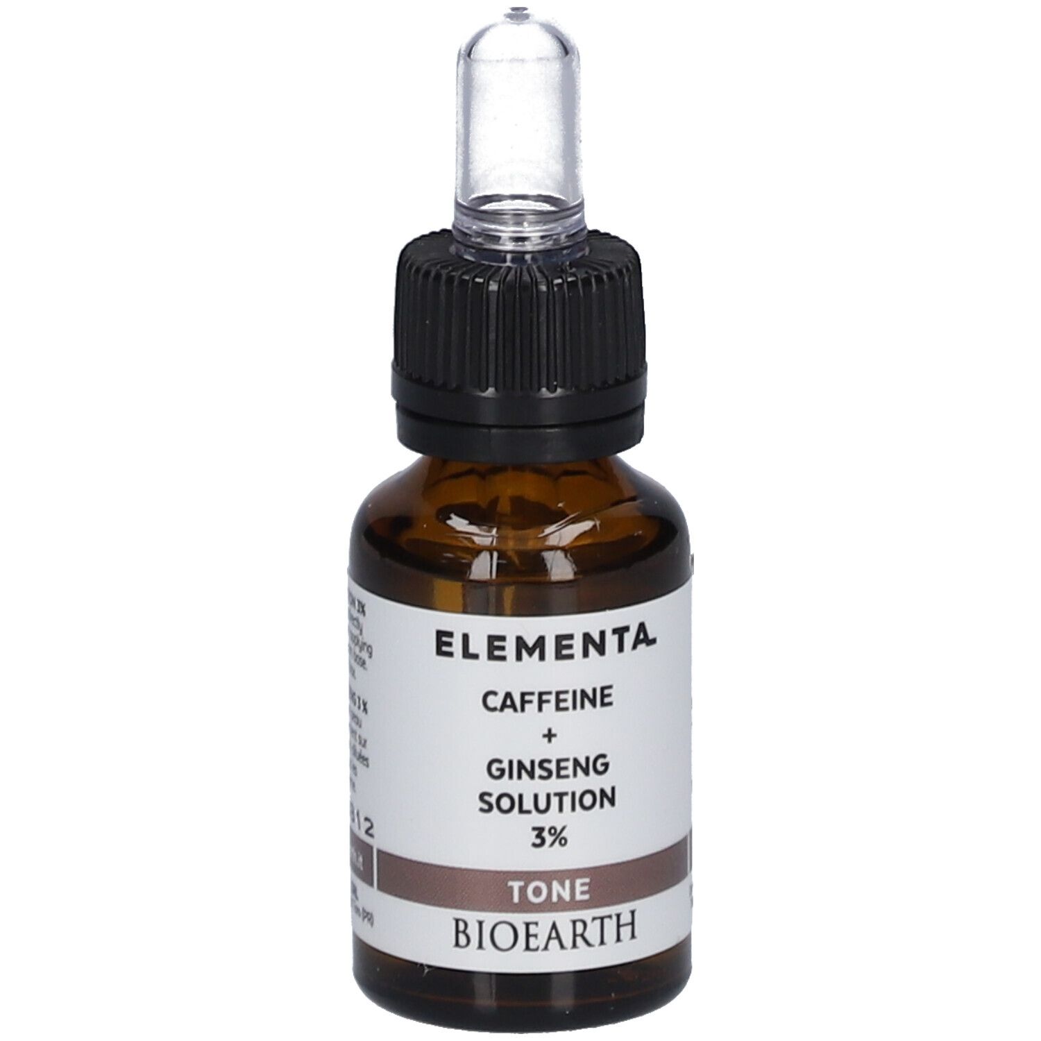 Bruine glazen fles met pipet. Opschrift: Elementa, Caffeine + Ginseng Solution 3%, Tone, Bioearth.