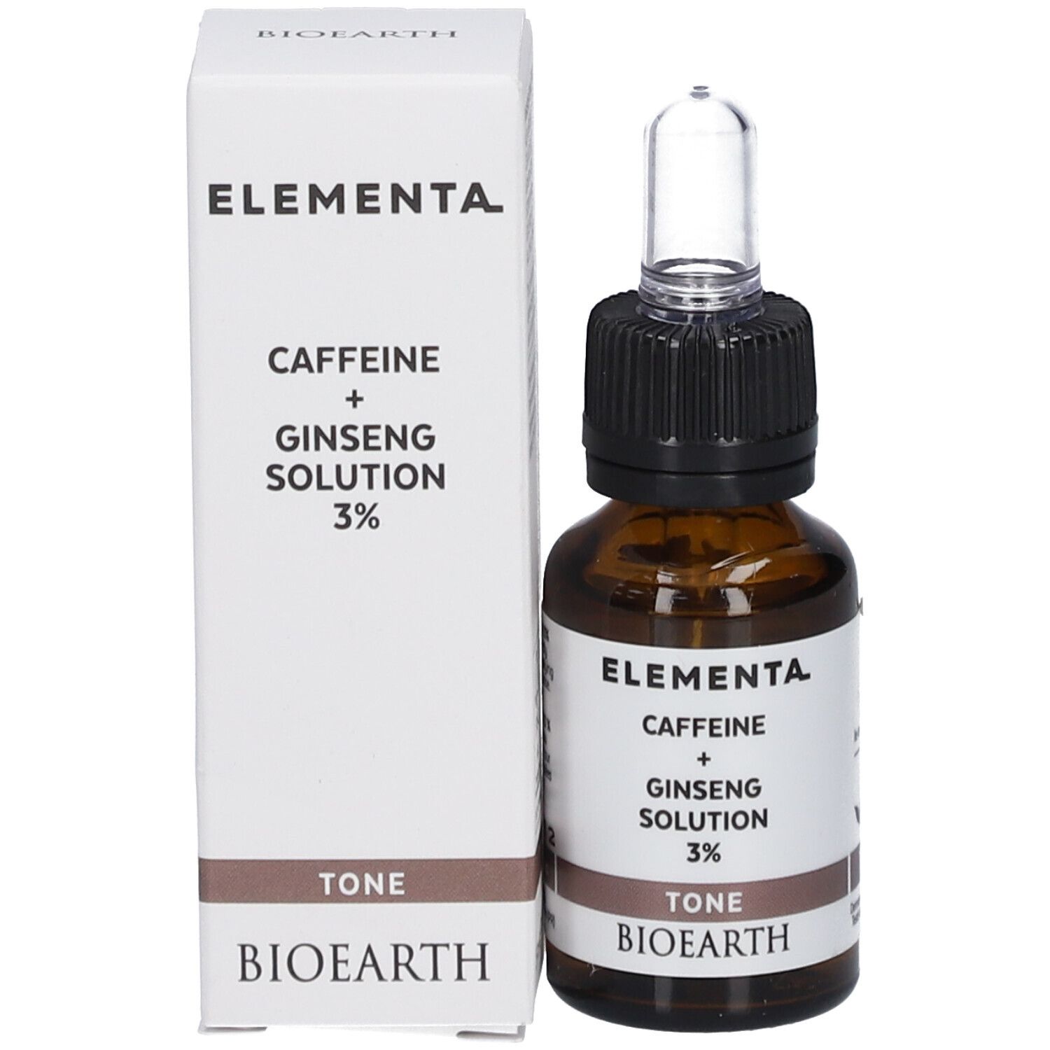 Productverpakking met fles en pipet. Opschrift: Elementa, Caffeine + Ginseng Solution 3%, Tone, Bioearth.