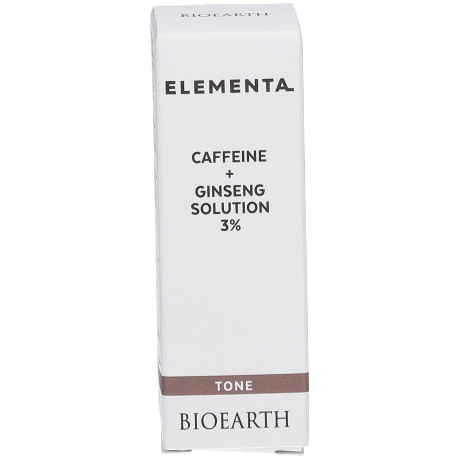 Productverpakking. Opschrift: Elementa, Caffeine + Ginseng Solution 3%, Tone, Bioearth.