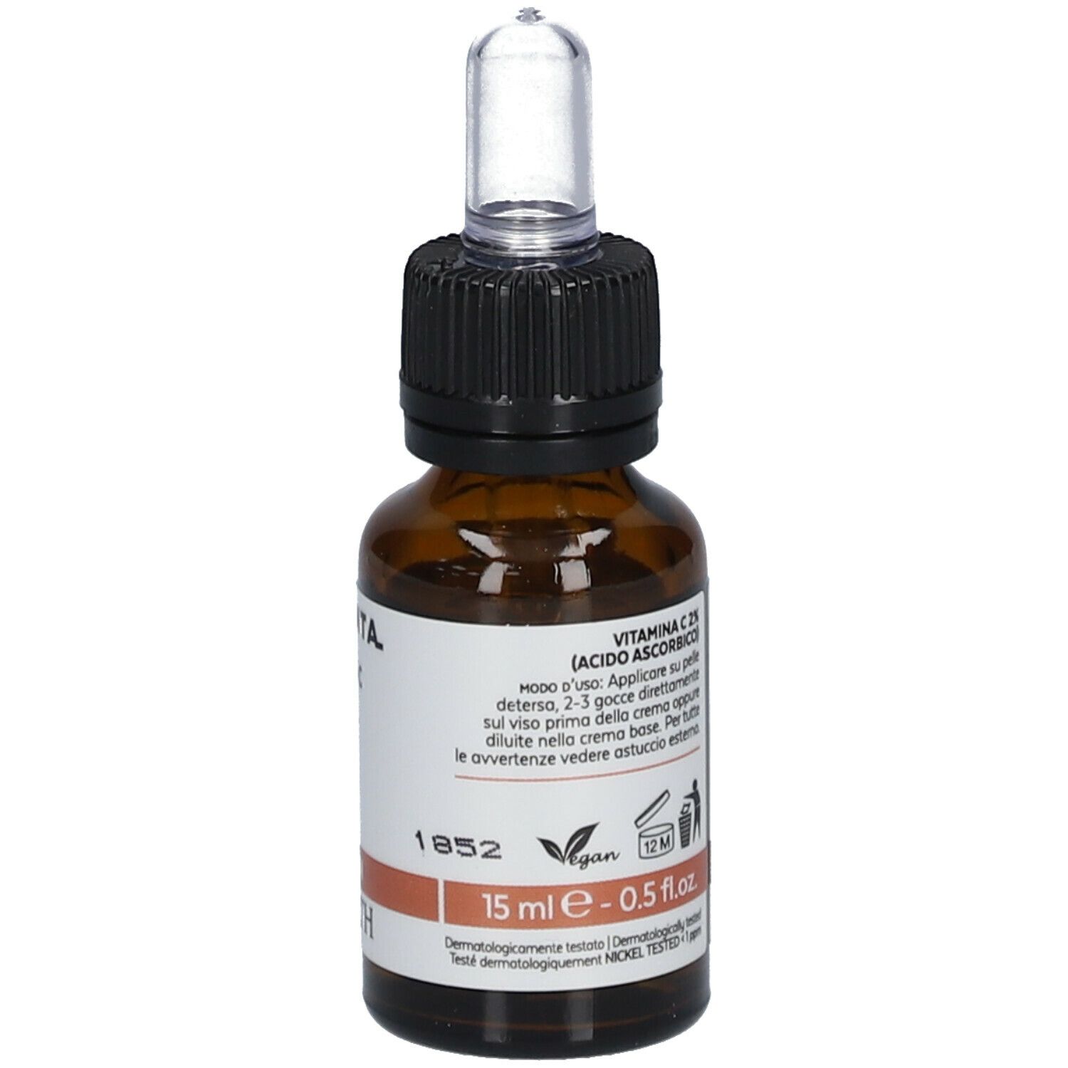 Bruine glazen fles met pipet. Etiket met tekst en Elementa Vitamine C 2%.