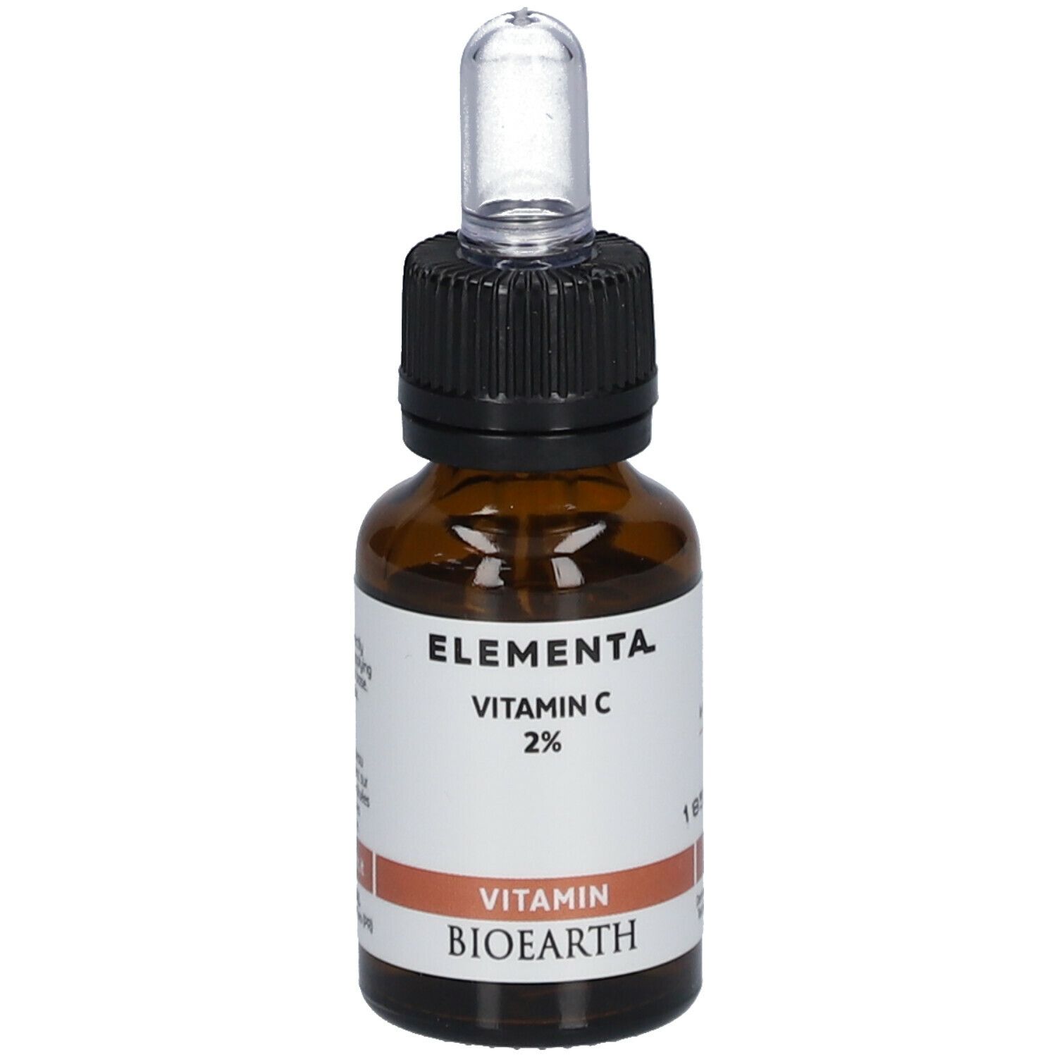 Bruine glazen fles met pipet. Etiket met tekst en Elementa Vitamine C 2%.