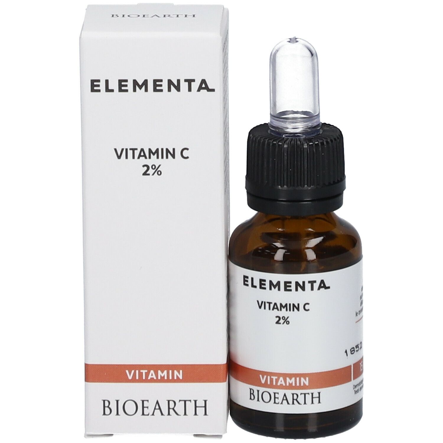 Bruine glazen fles met pipet en verpakking. Elementa Vitamine C 2% op etiket en doos.