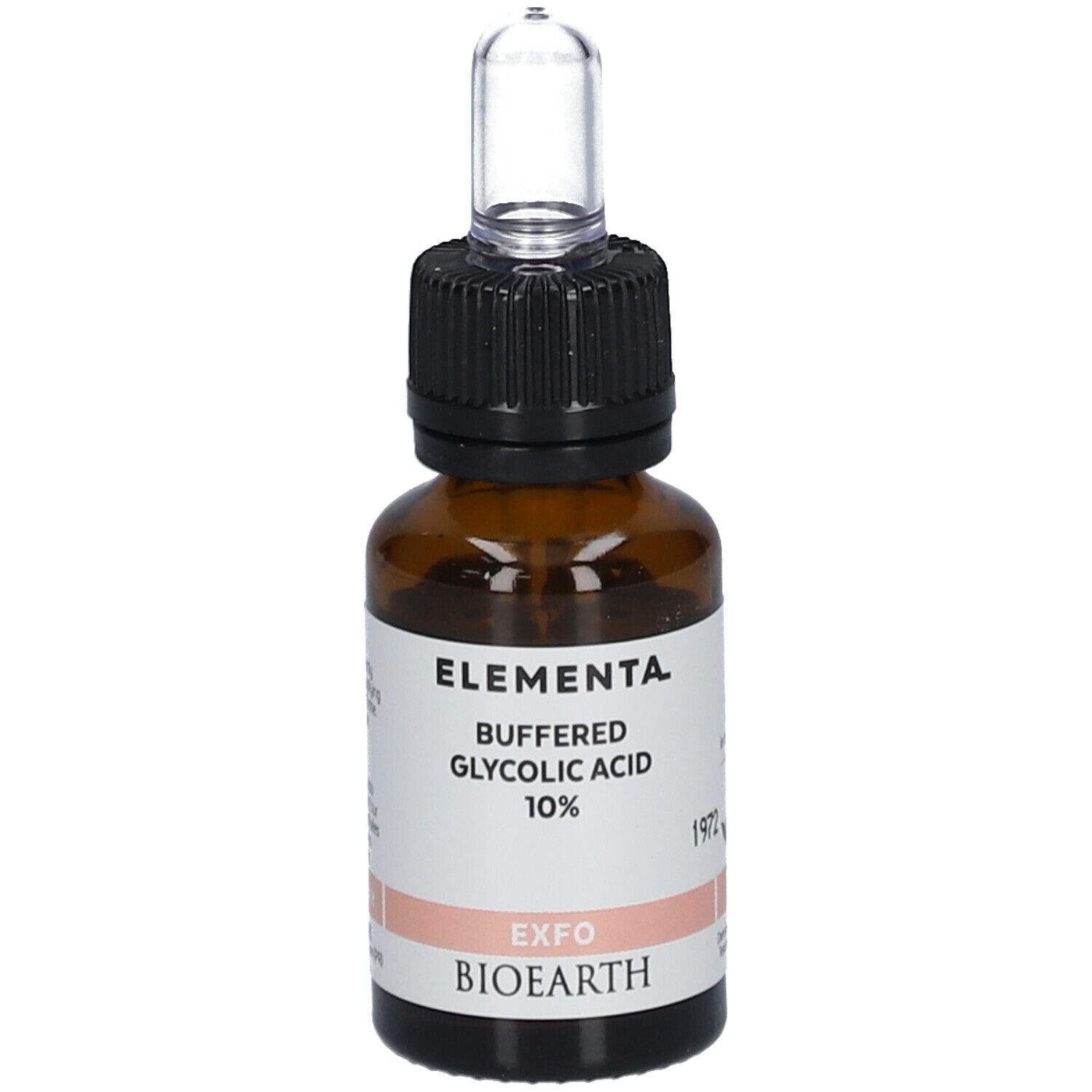 Flacon en verre brun avec pipette. Inscription: Elementa, Buffered Glycolic Acid 10%, EXFO, BIOEARTH.