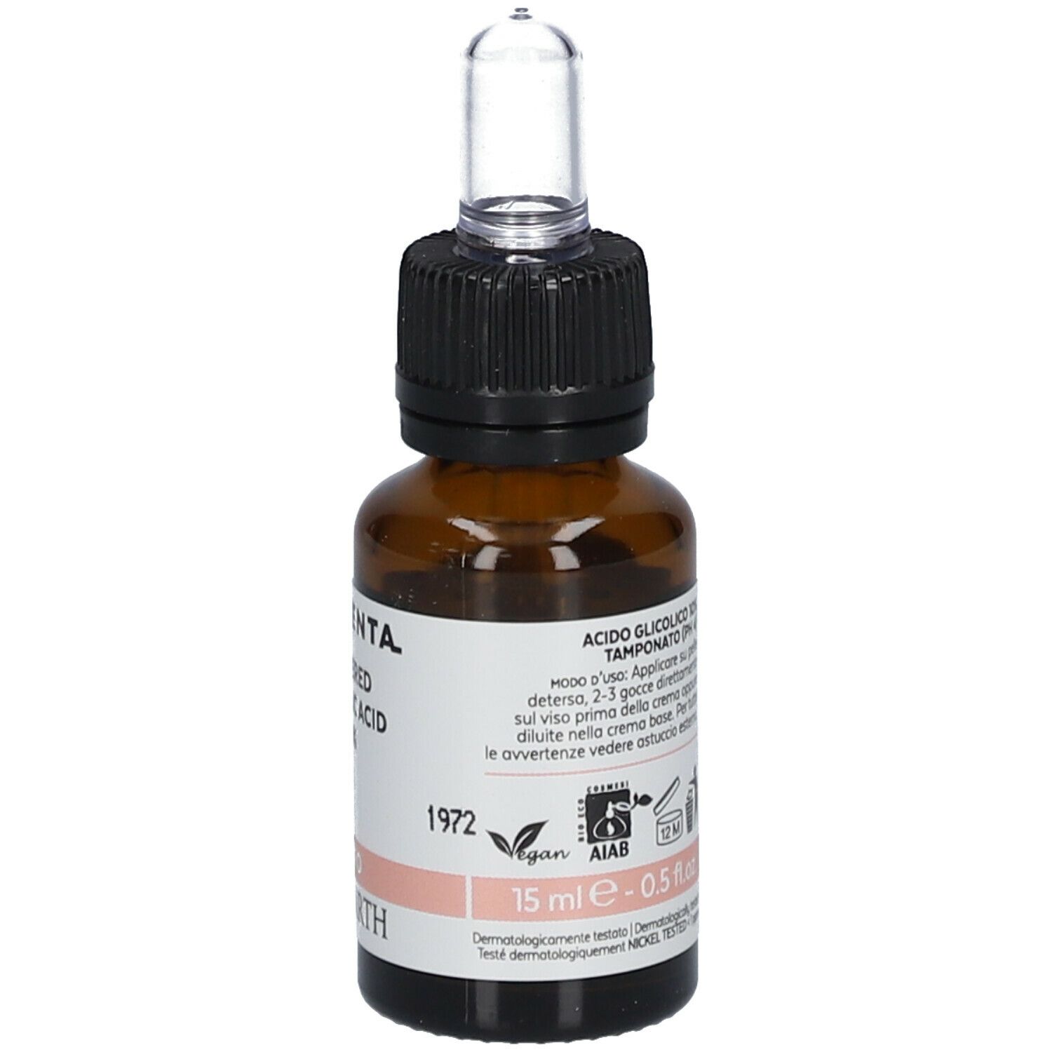 Flacon en verre brun avec pipette. Inscription et texte. 15 ml - 0.5 fl.oz. AIAB. 12M.