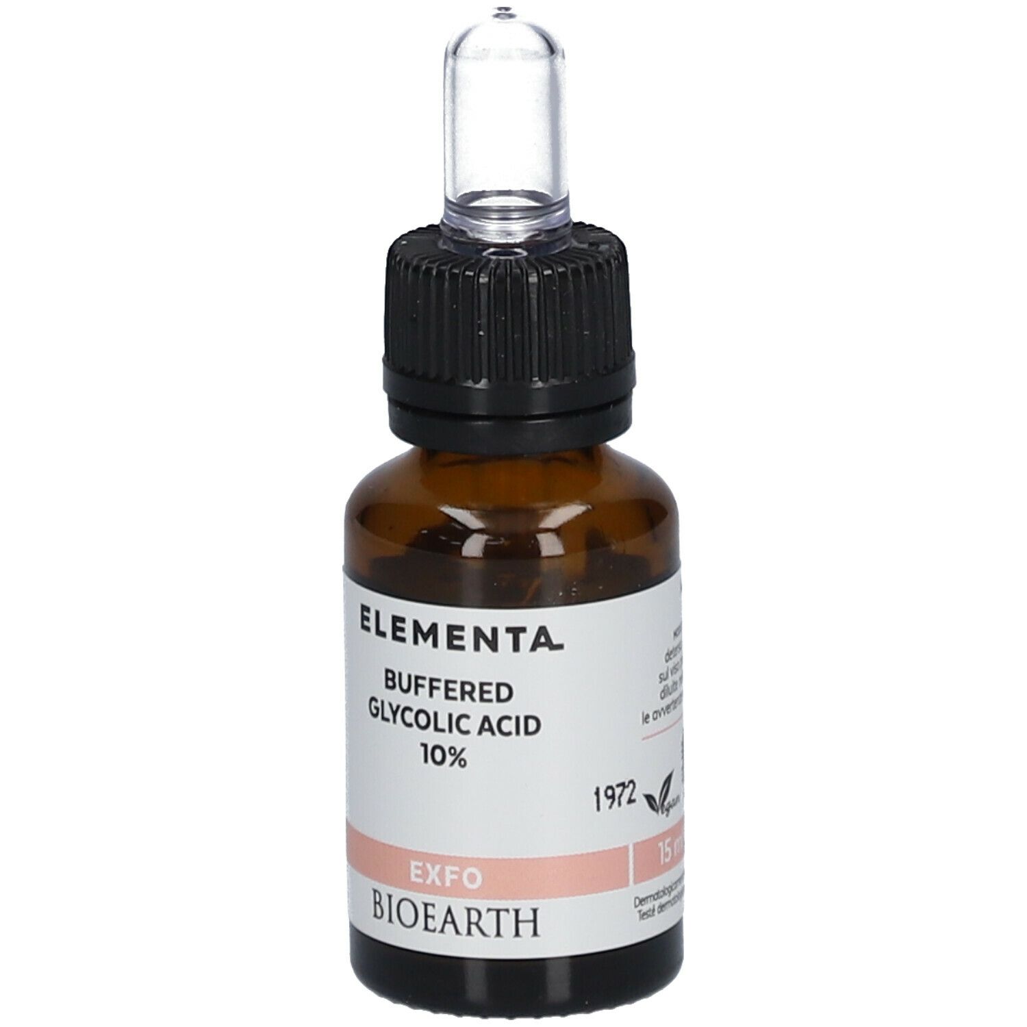 Flacon en verre brun avec pipette. Inscription: Elementa, Buffered Glycolic Acid 10%, EXFO, BIOEARTH. 15 ml.
