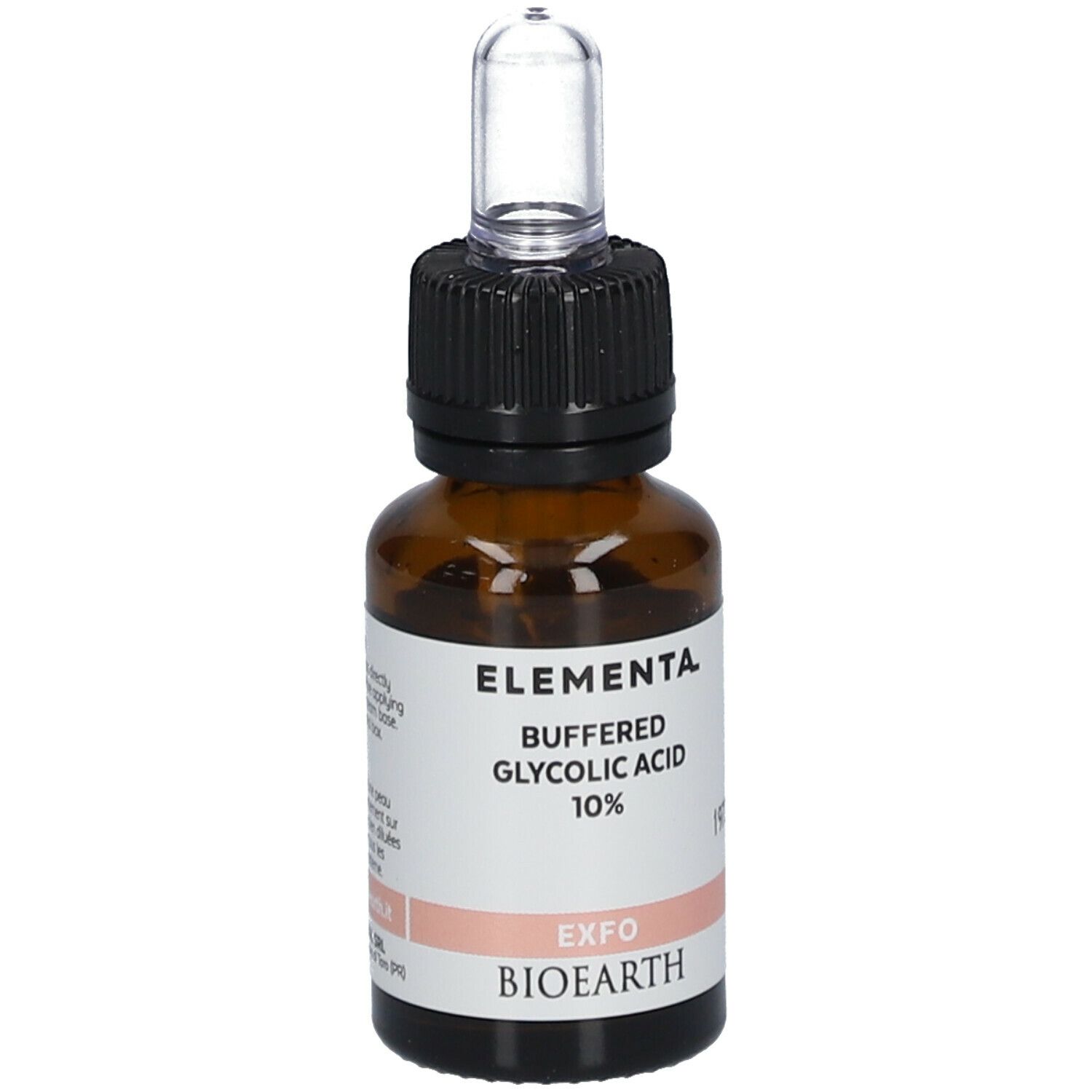 Flacon en verre brun avec pipette. Inscription: Elementa, Buffered Glycolic Acid 10%, EXFO, BIOEARTH. 15 ml.