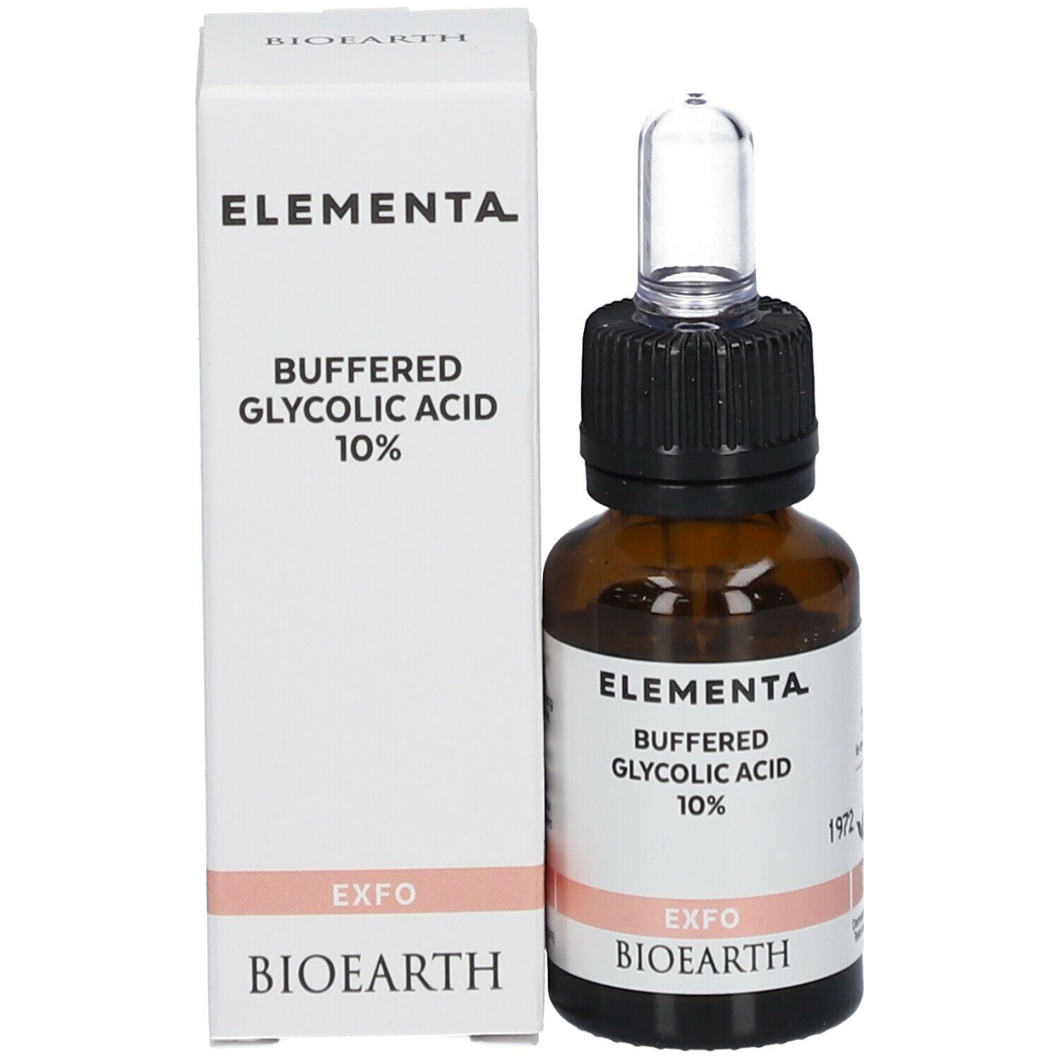 Flacon avec pipette et emballage. Inscription: Elementa, Buffered Glycolic Acid 10%, EXFO, BIOEARTH.