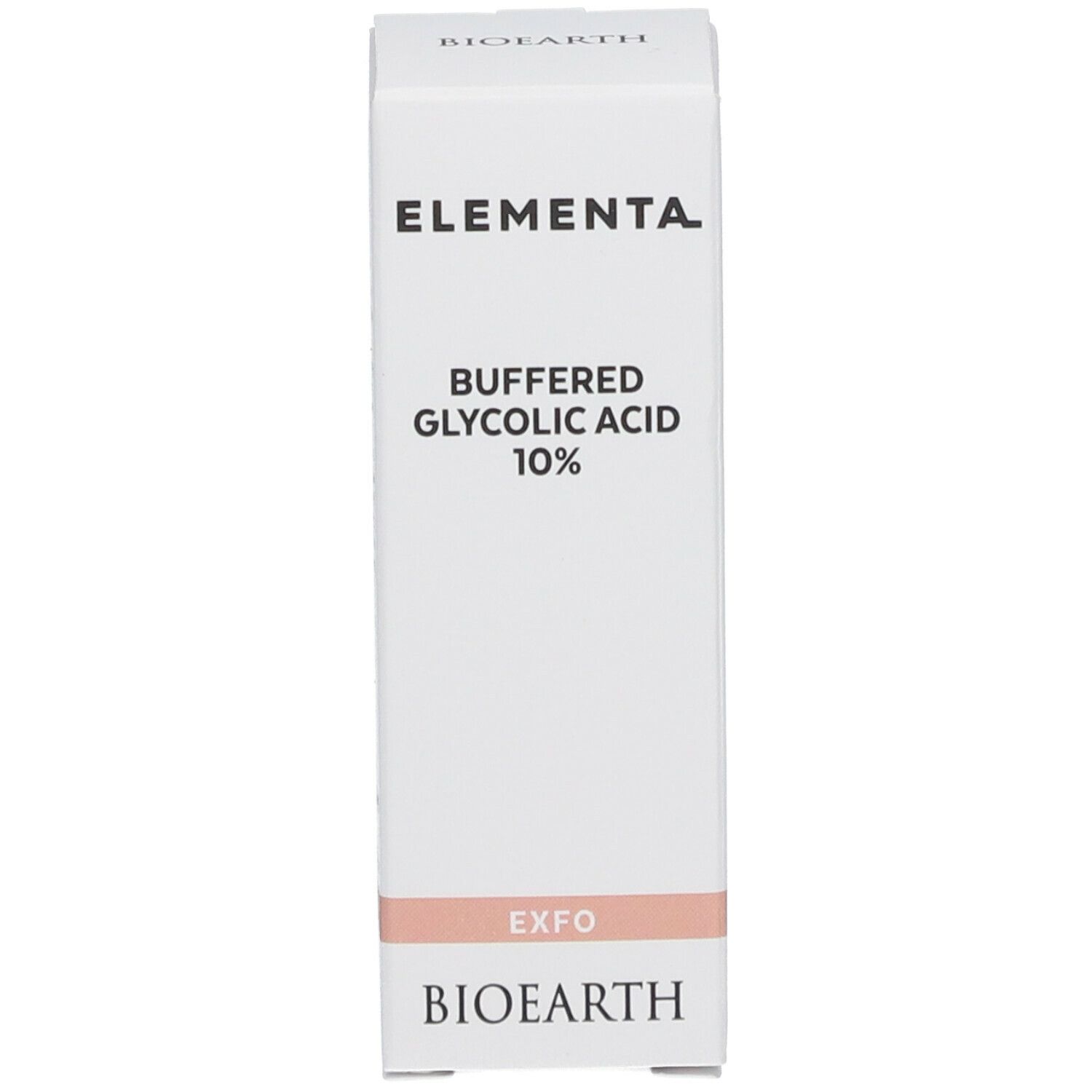 Emballage blanc. Inscription: Elementa, Buffered Glycolic Acid 10%, EXFO, BIOEARTH.