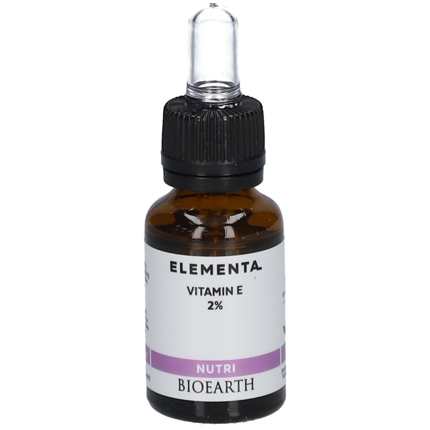Bruine glazen fles met pipet. Label met "Elementa Vitamin E 2%" en "Nutri Bioearth".
