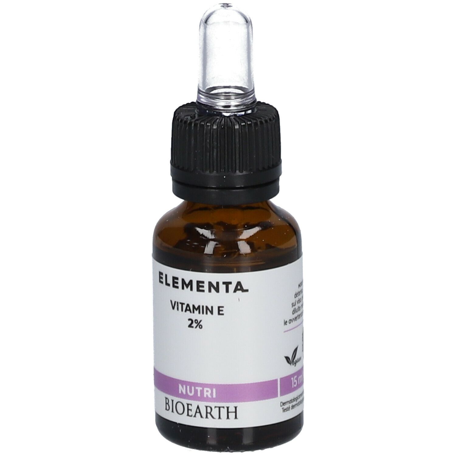 Bruine glazen fles met pipet. Label met "Elementa Vitamin E 2%" en "Nutri Bioearth".