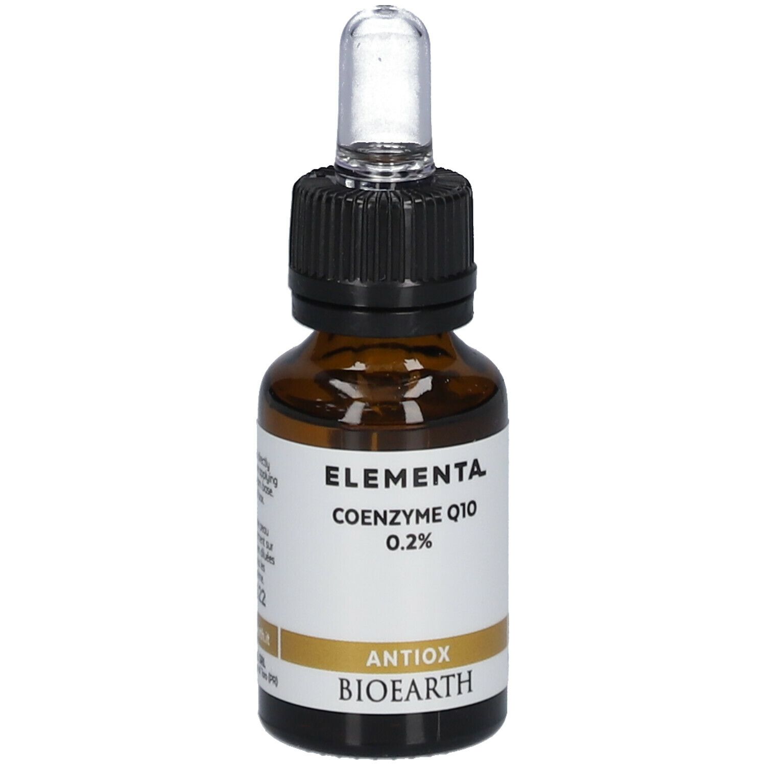 Bruine glazen fles met zwarte dop en pipet. Label met "Elementa Coenzyme Q10 0.2%". 